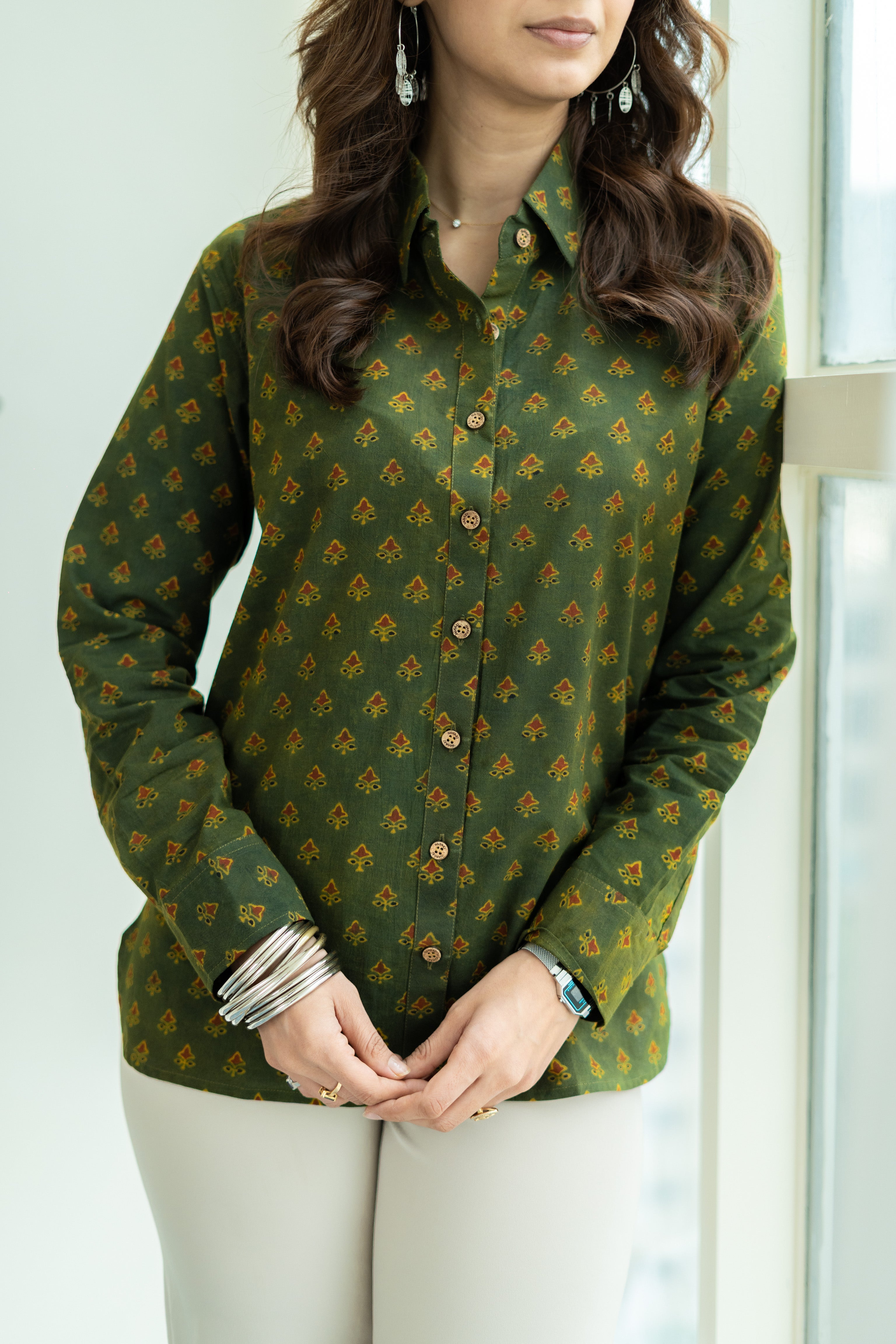 Ajrakh Green Floral Handblock Cotton Shirt