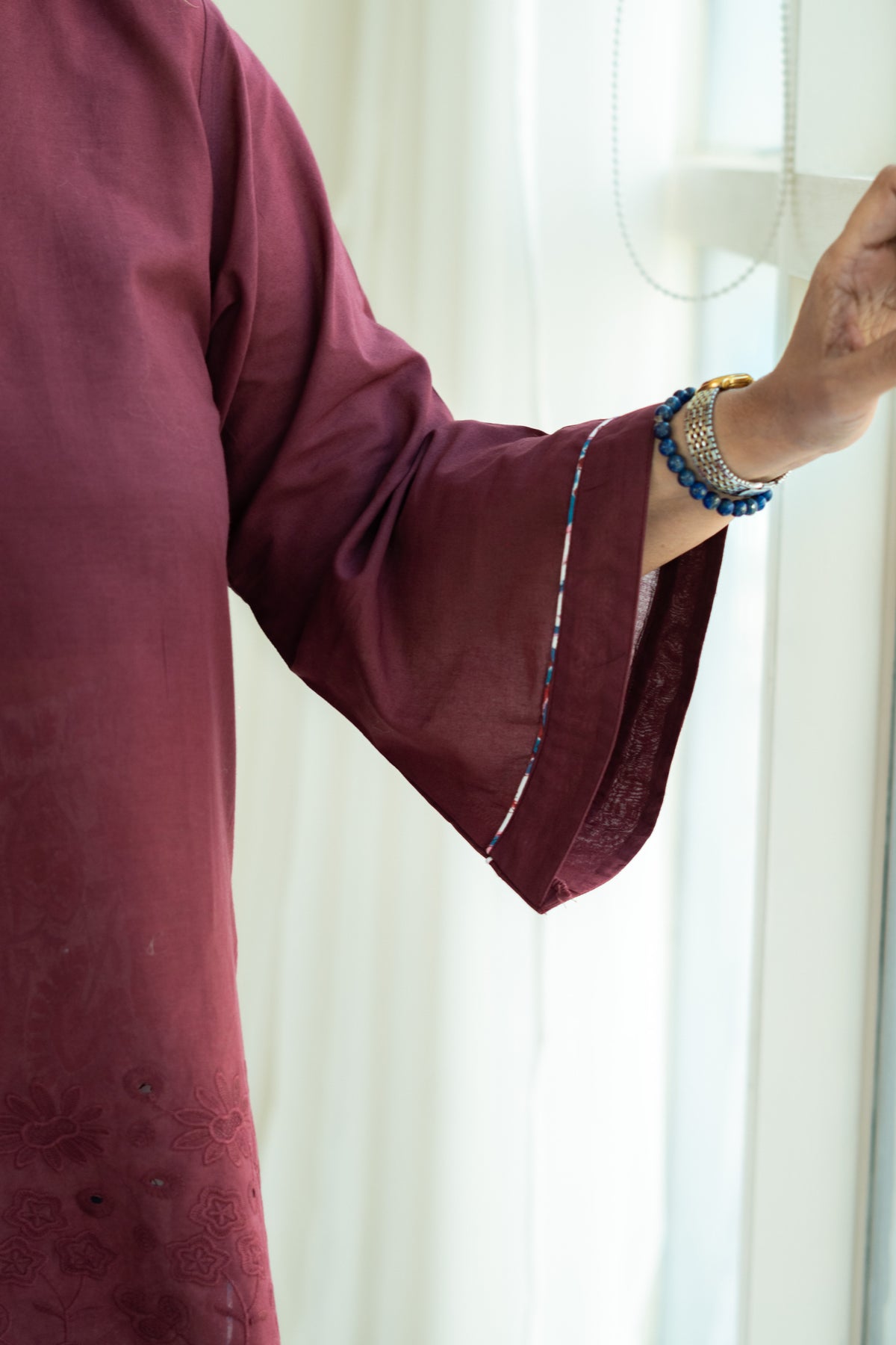Wine Embrodiered Cotton Kurta with Handblock Farshi Salwar Set