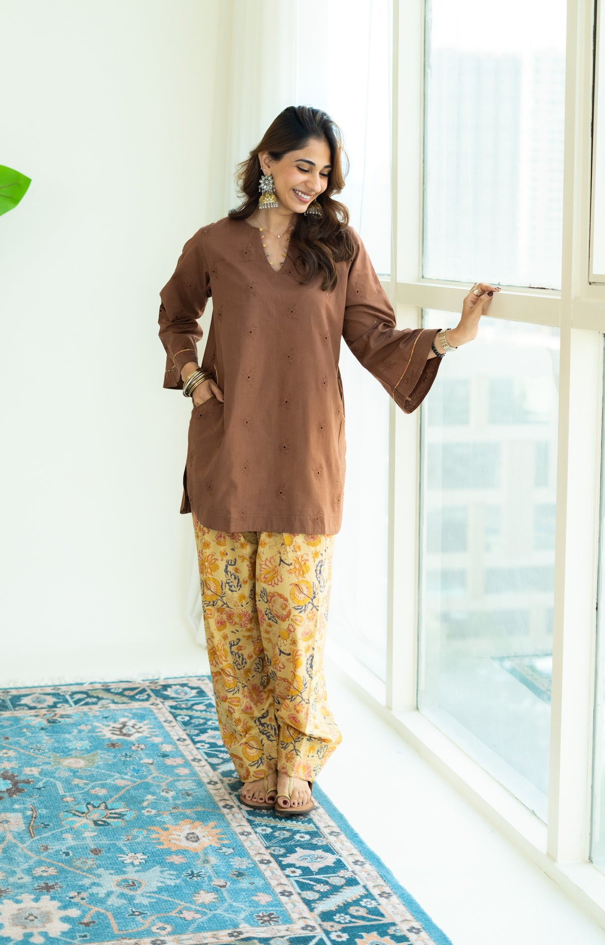 Brown Embrodiered Cotton Kurta with Handblock Farshi Salwar Set