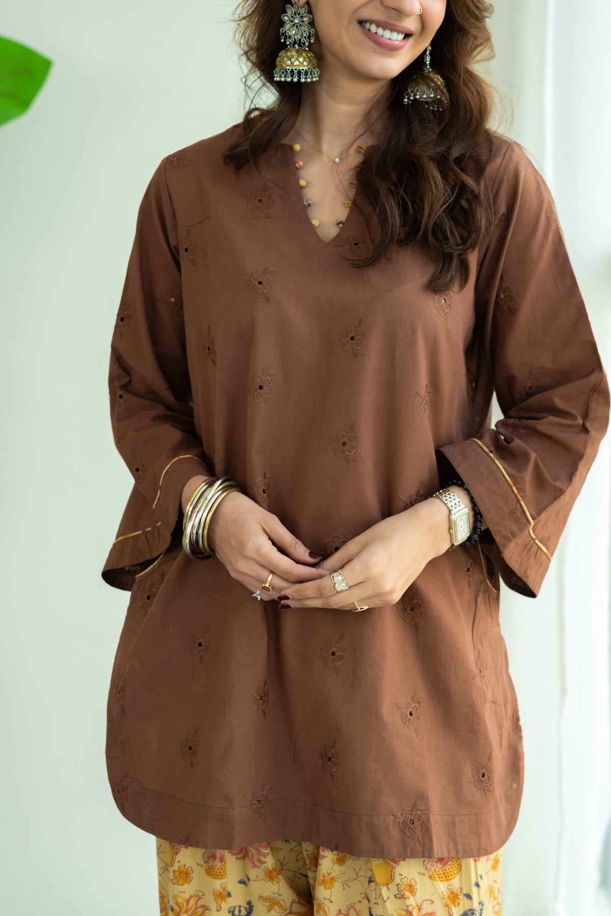 Brown Embrodiered Cotton Kurta with Handblock Farshi Salwar Set