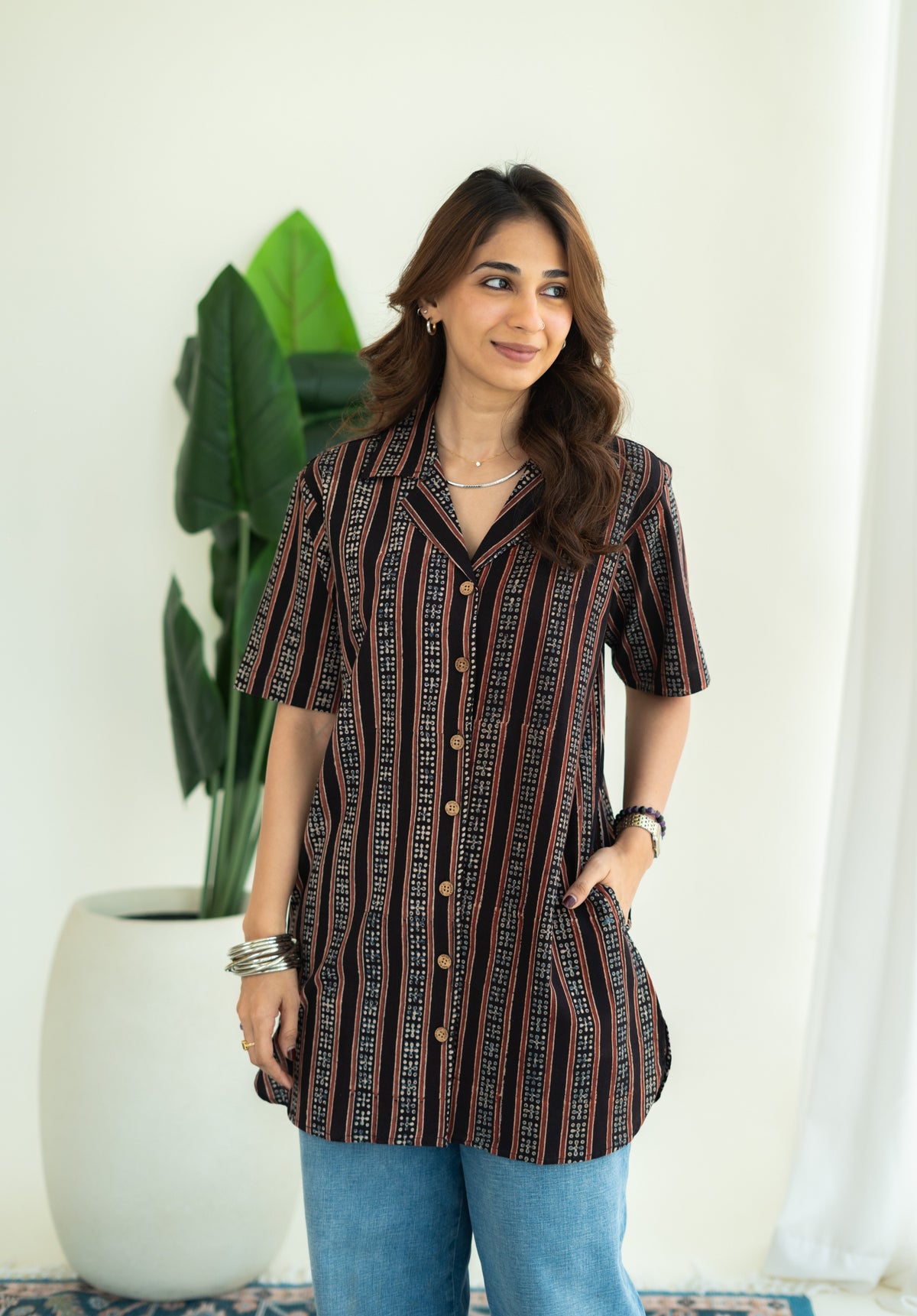Ajrakh Black Stripe Handblock Cotton Shirt Kurti