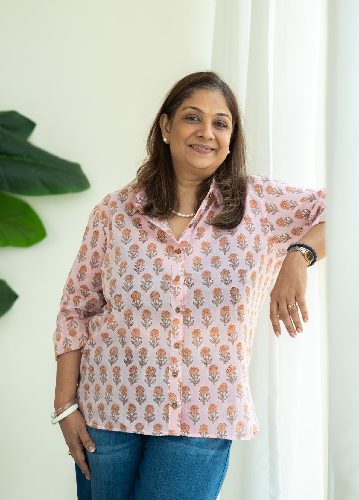 Baby Pink Floral Handblock Mul Cotton Shirt