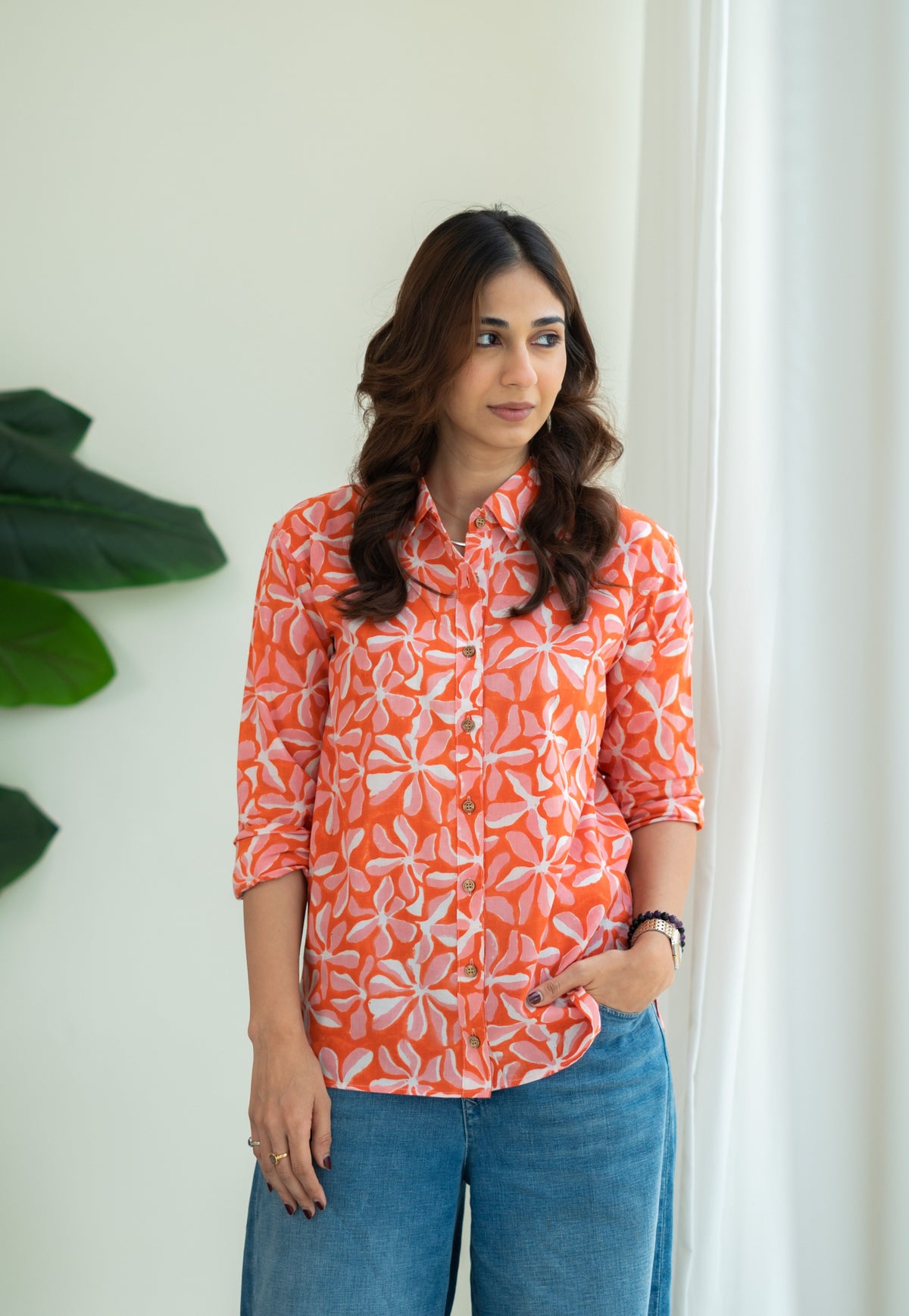Orange Splash Handblock Cotton Shirt