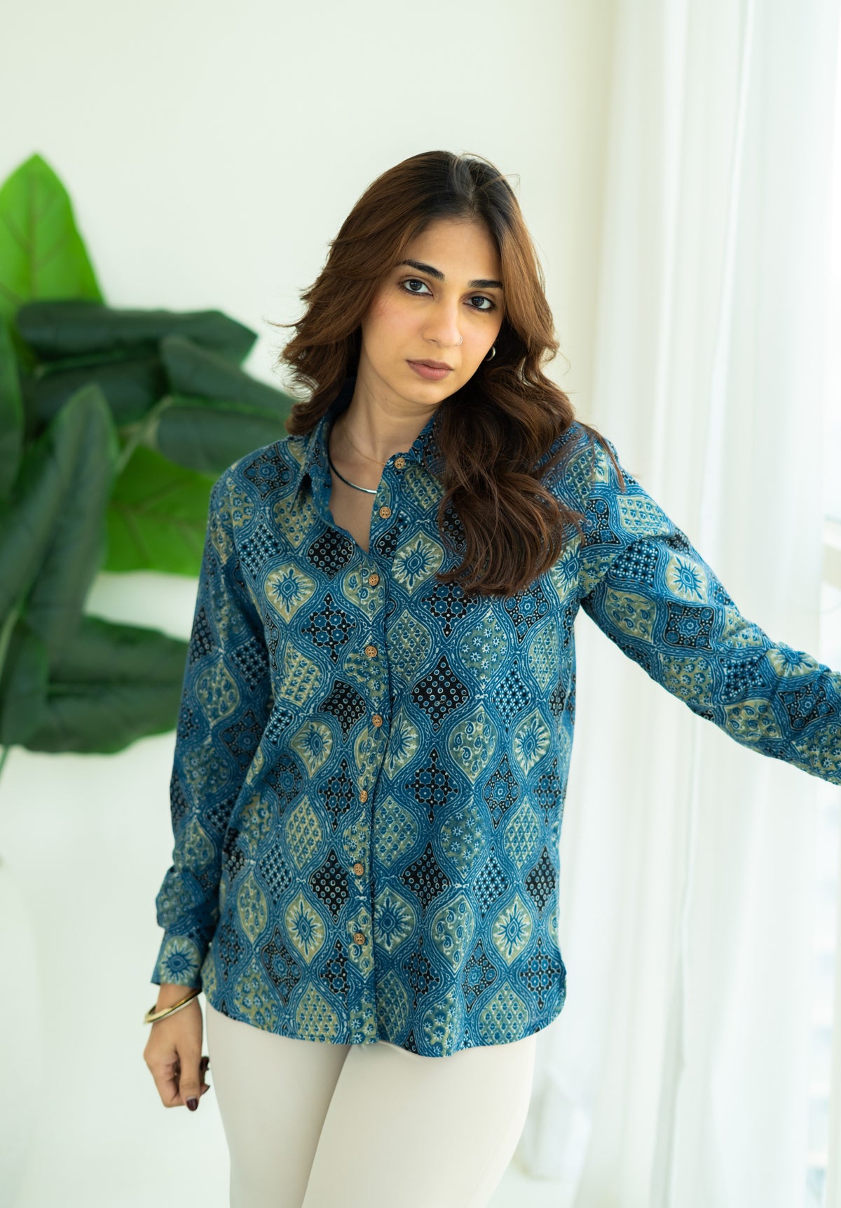 Indigo Kutch Jharokha Handblock Cotton Satin Shirt