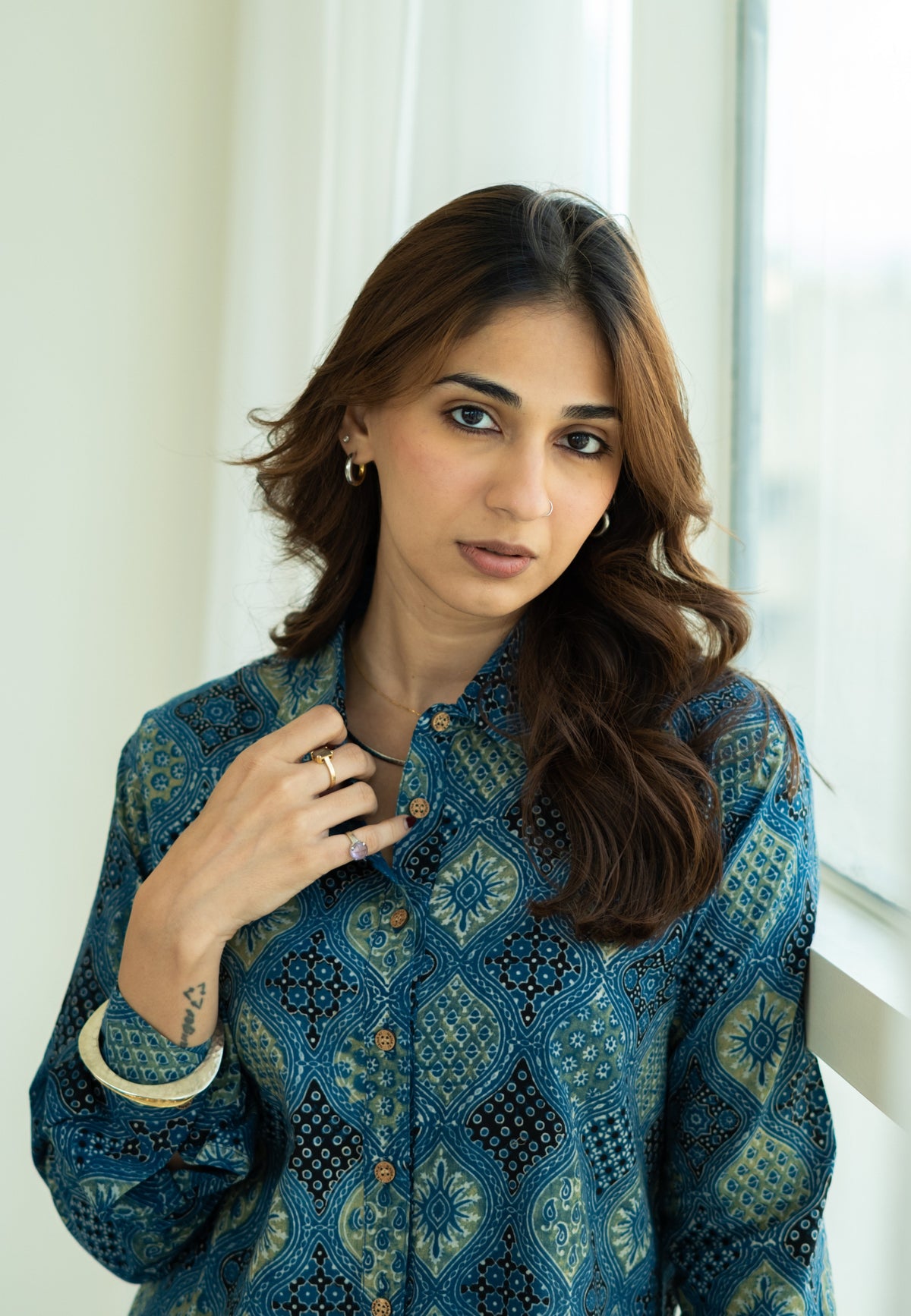 Indigo Kutch Jharokha Handblock Cotton Satin Shirt