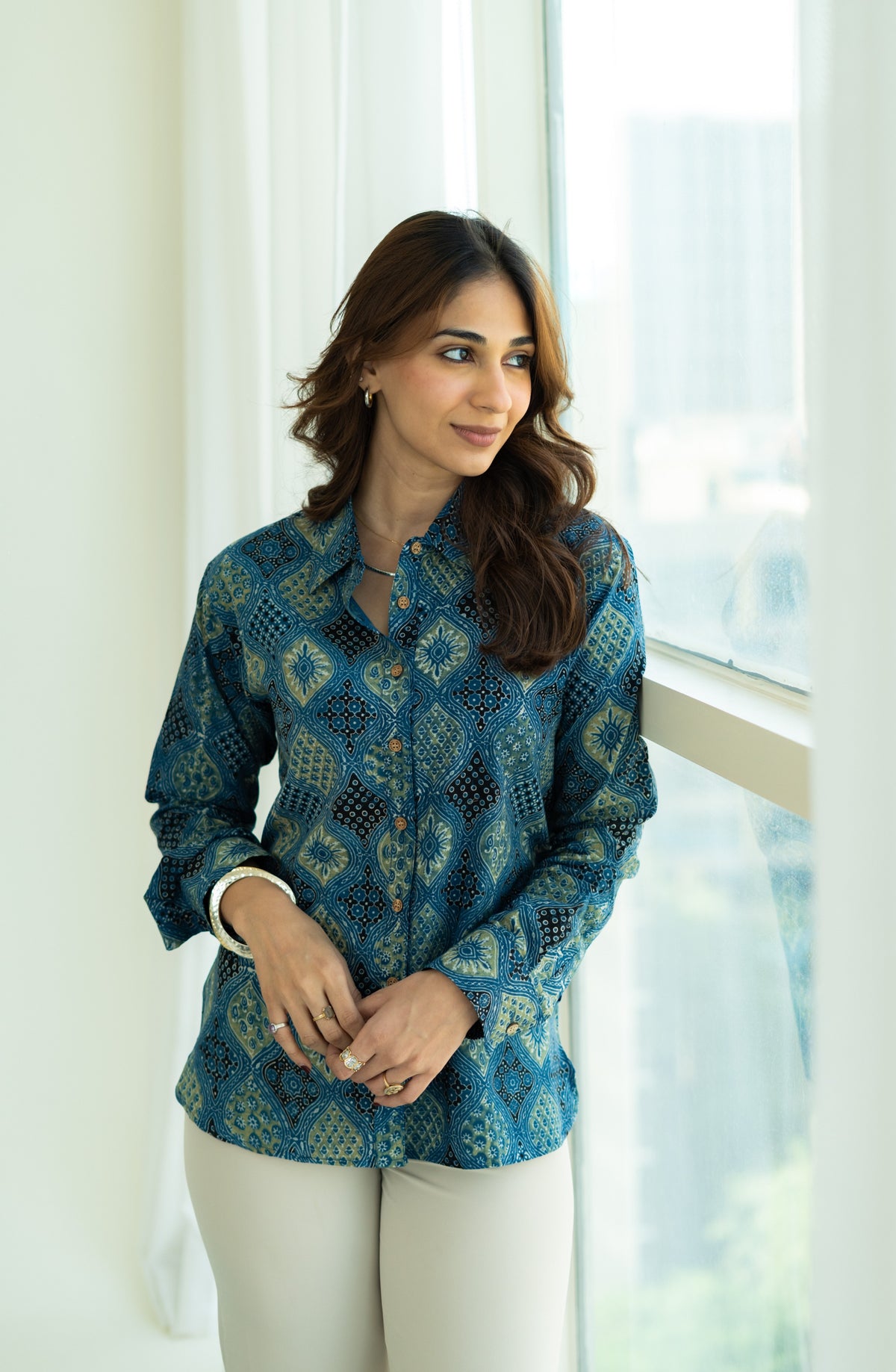 Indigo Kutch Jharokha Handblock Cotton Satin Shirt