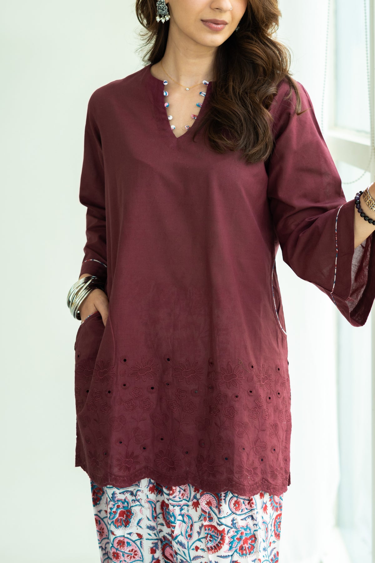 Wine Embrodiered Cotton Kurta with Handblock Farshi Salwar Set