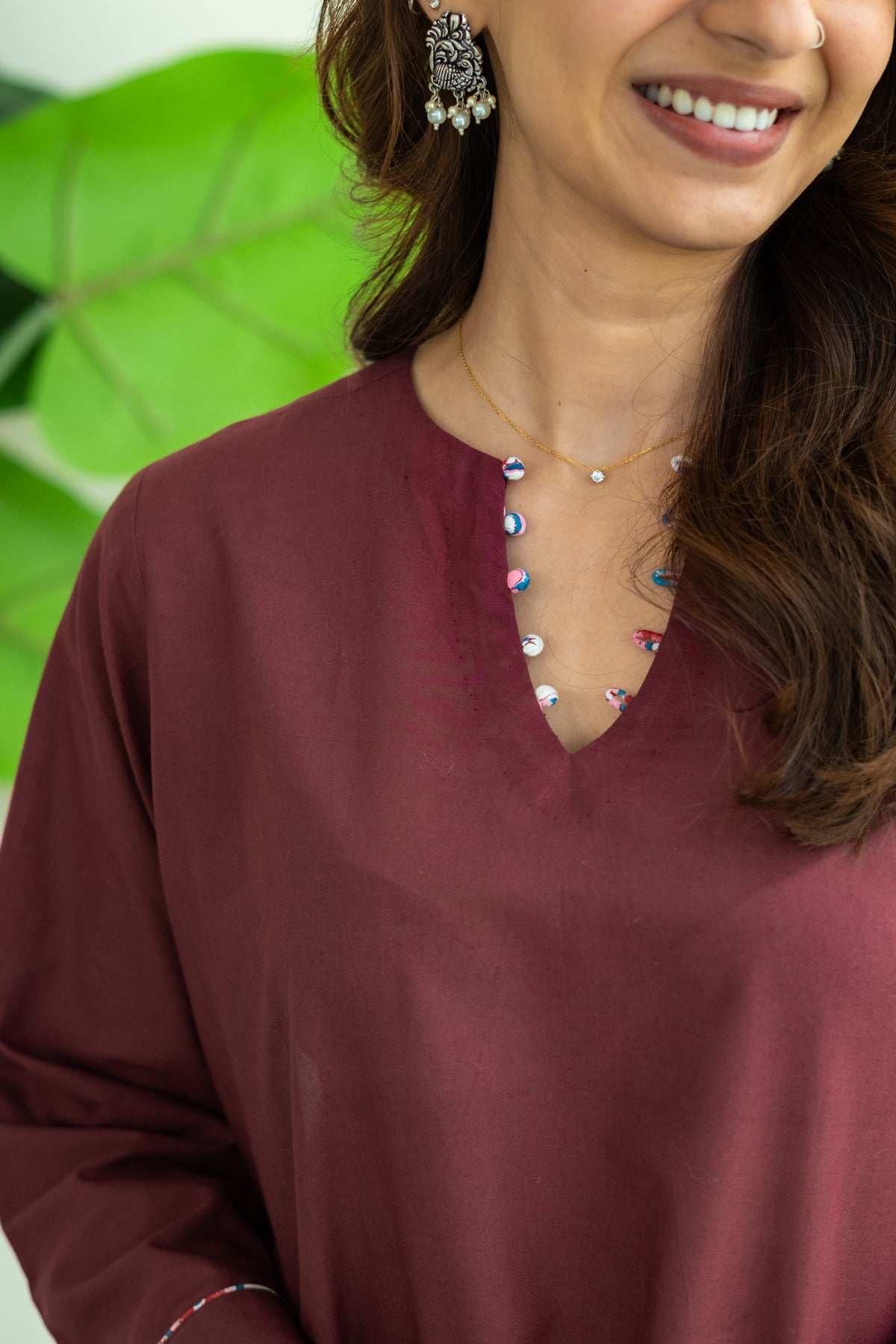Wine Embrodiered Cotton Kurta with Handblock Farshi Salwar Set