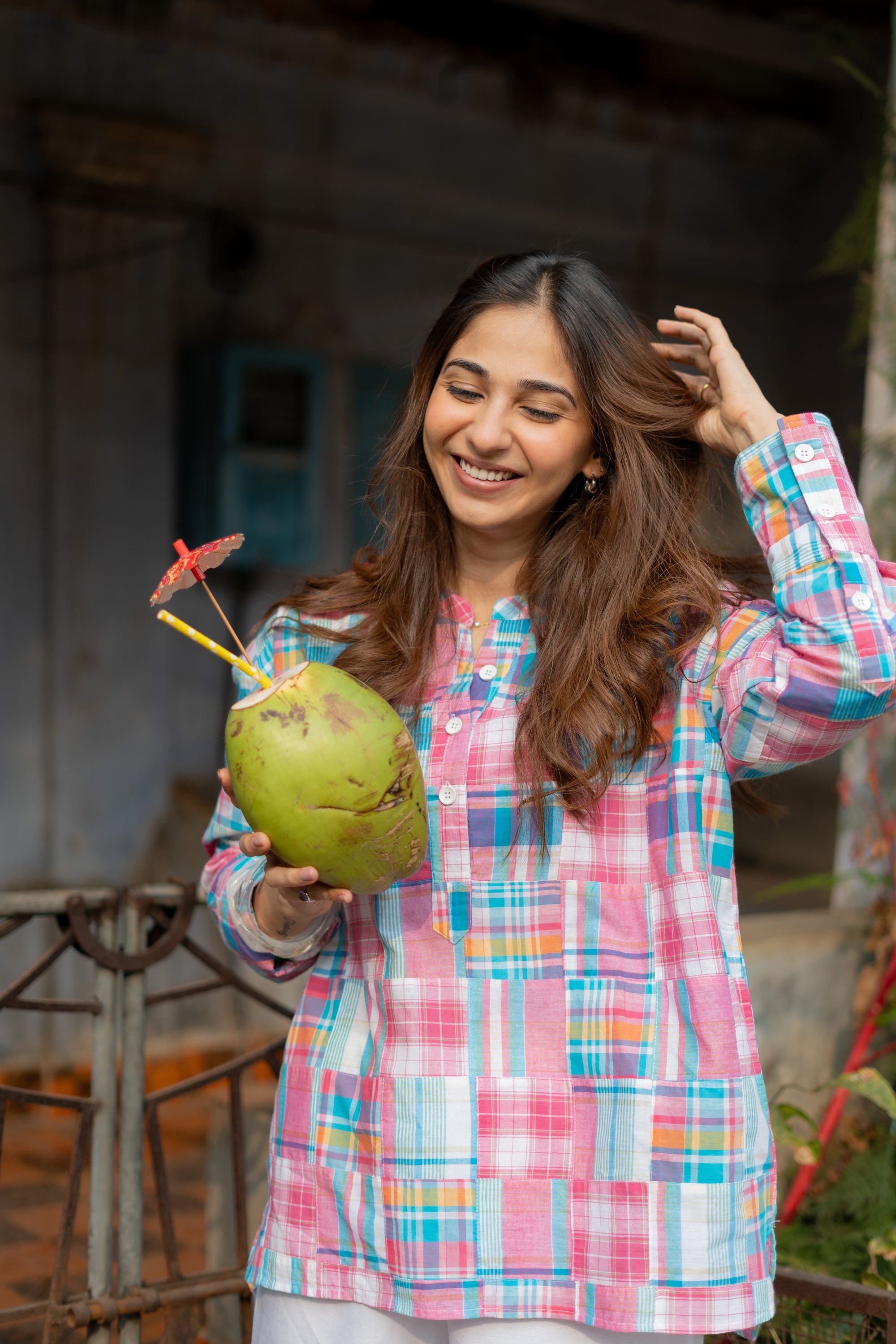 Pink Madras Checks Patchwork Unisex Cotton Short Kurta