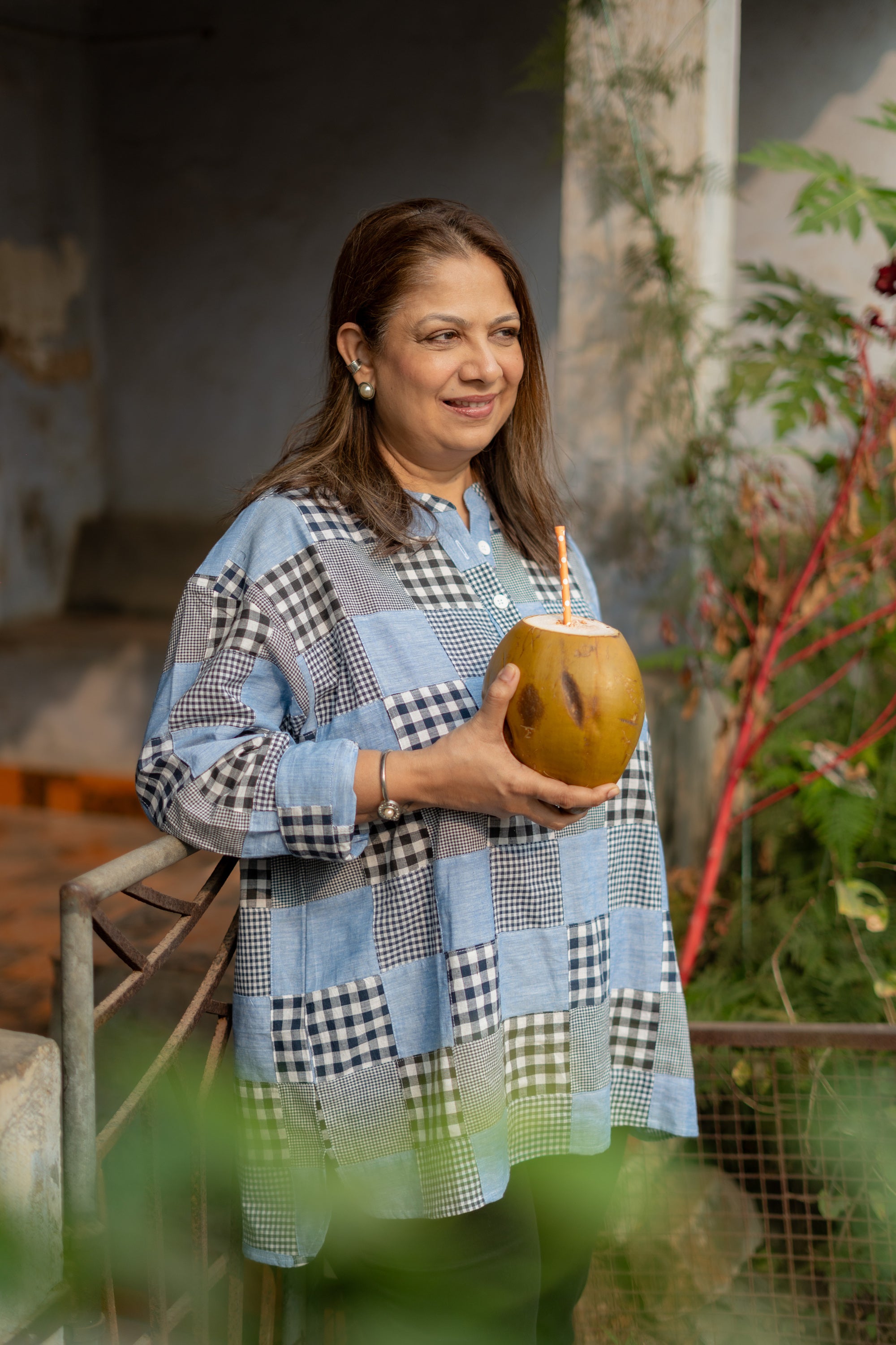 Denim Madras Checks Patchwork Unisex Cotton Short Kurta