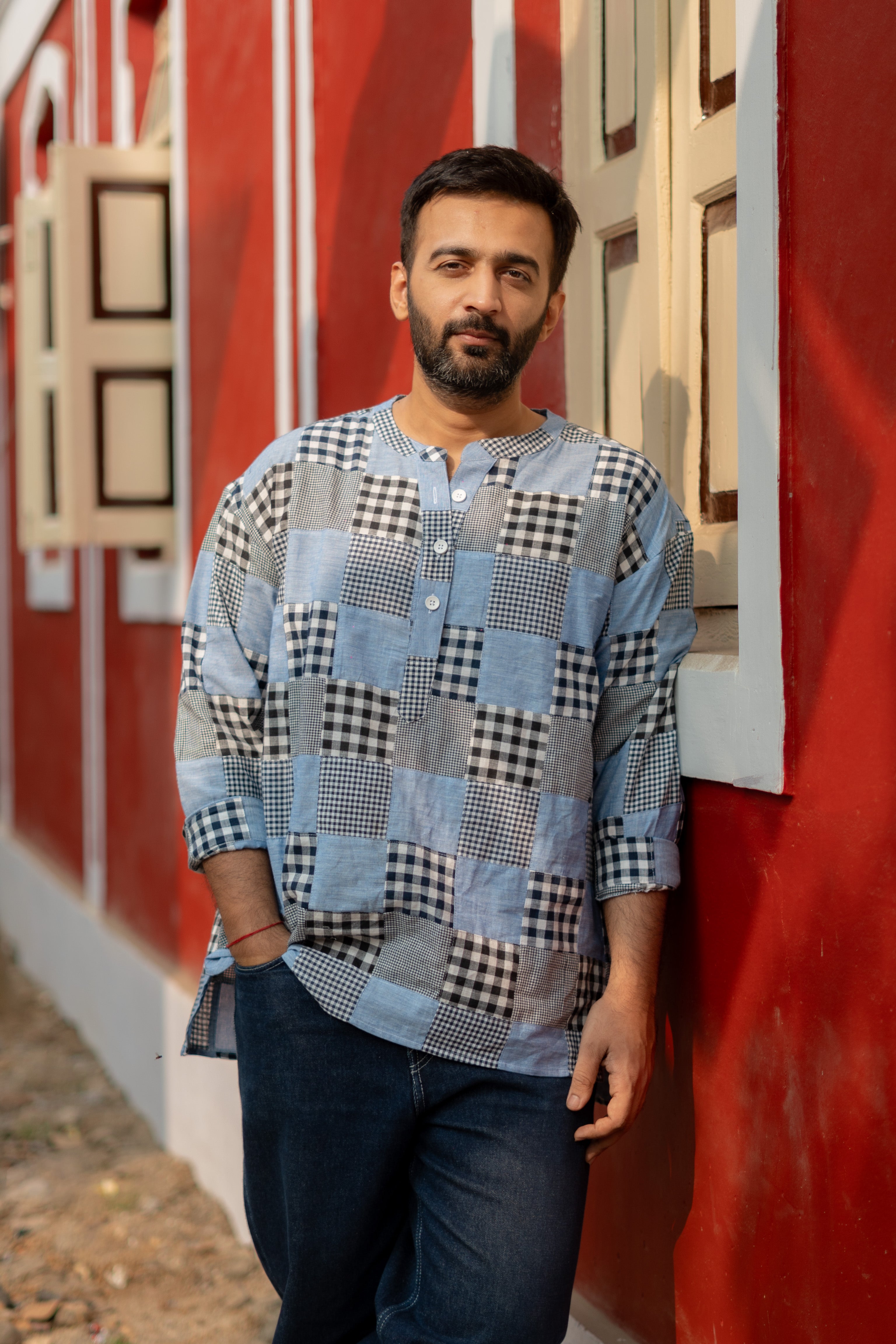 Denim Madras Checks Patchwork Unisex Cotton Short Kurta