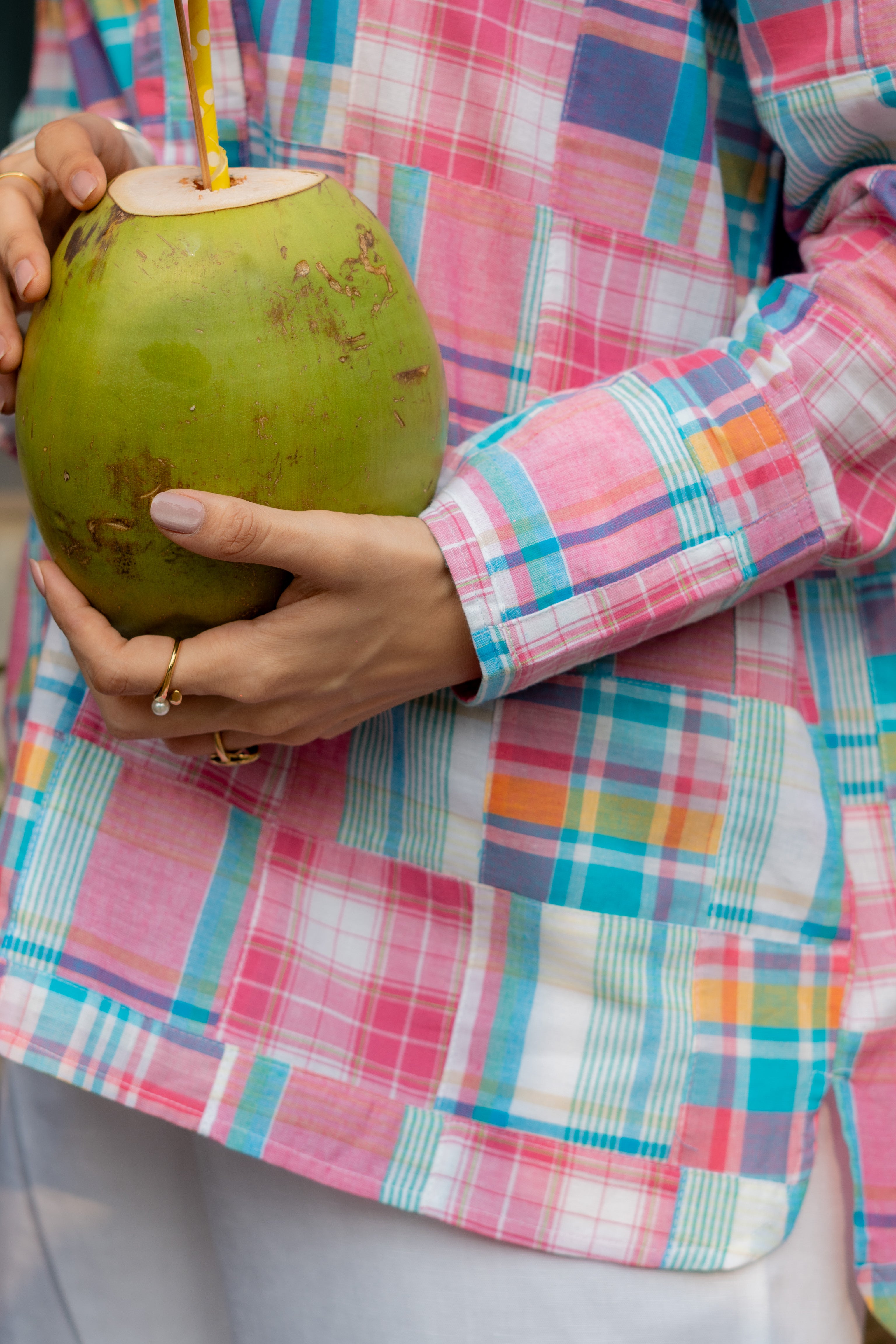 Pink Madras Checks Patchwork Unisex Cotton Short Kurta