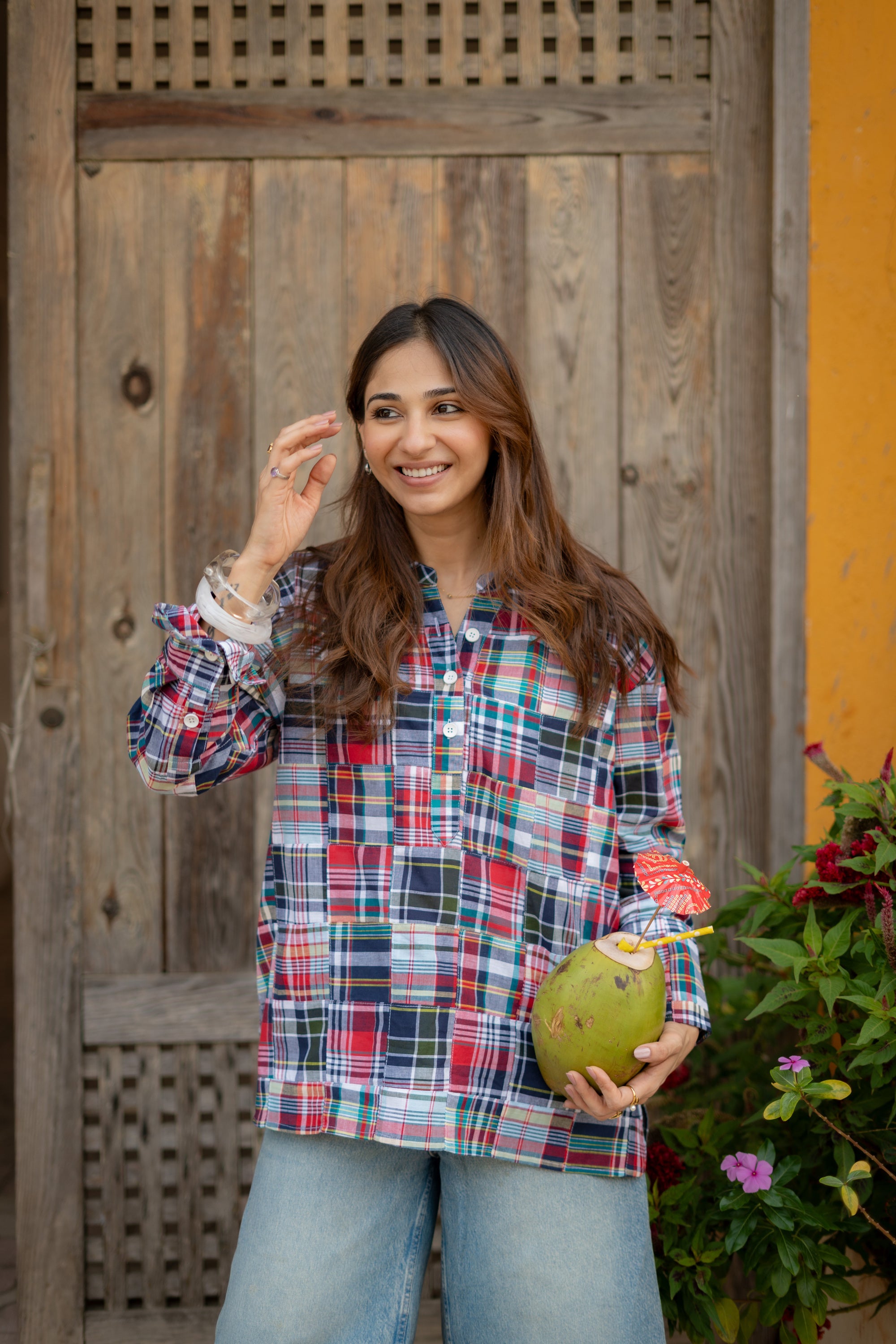 Desi Madras Checks Patchwork Unisex Cotton Short Kurta