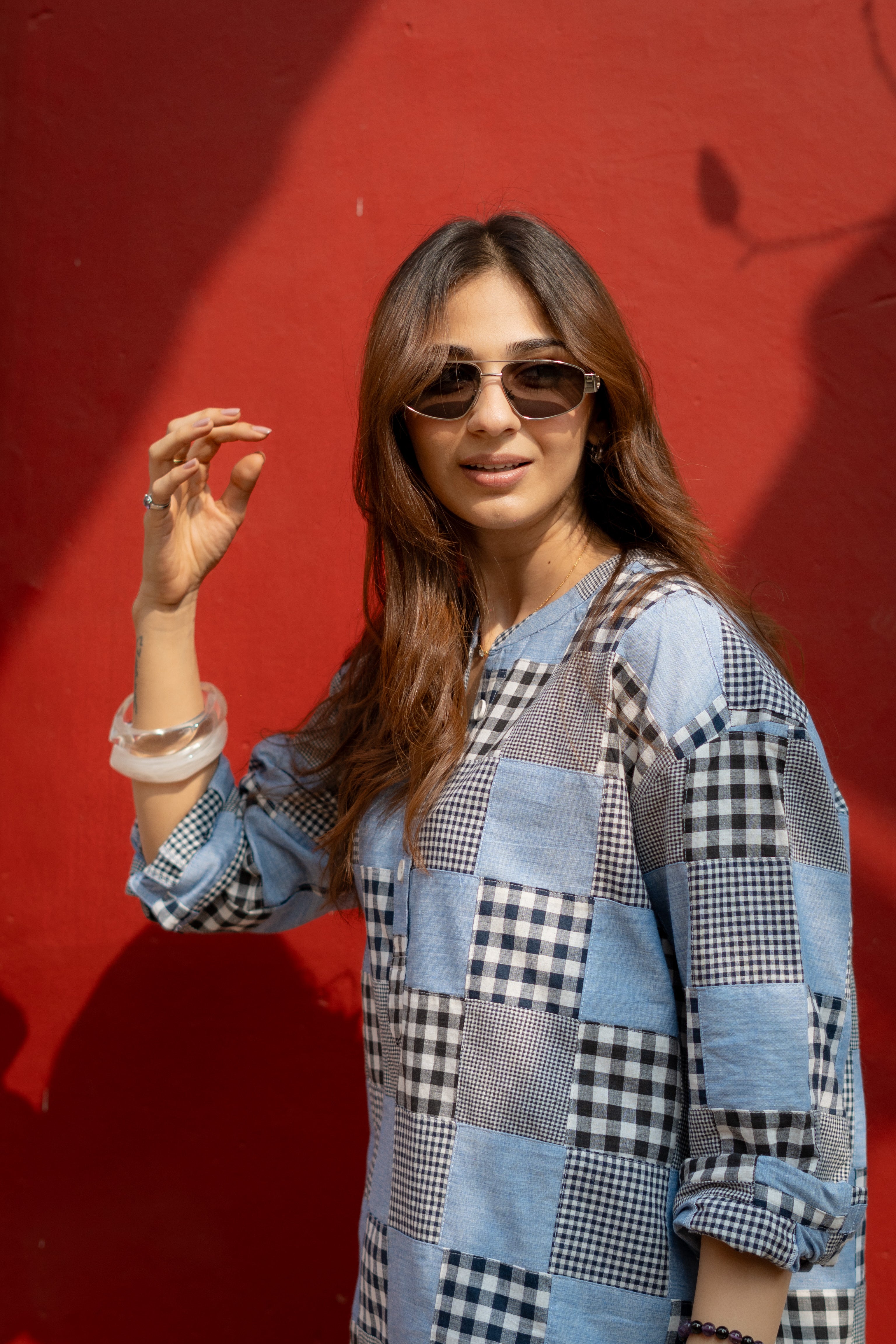 Denim Madras Checks Patchwork Unisex Cotton Short Kurta