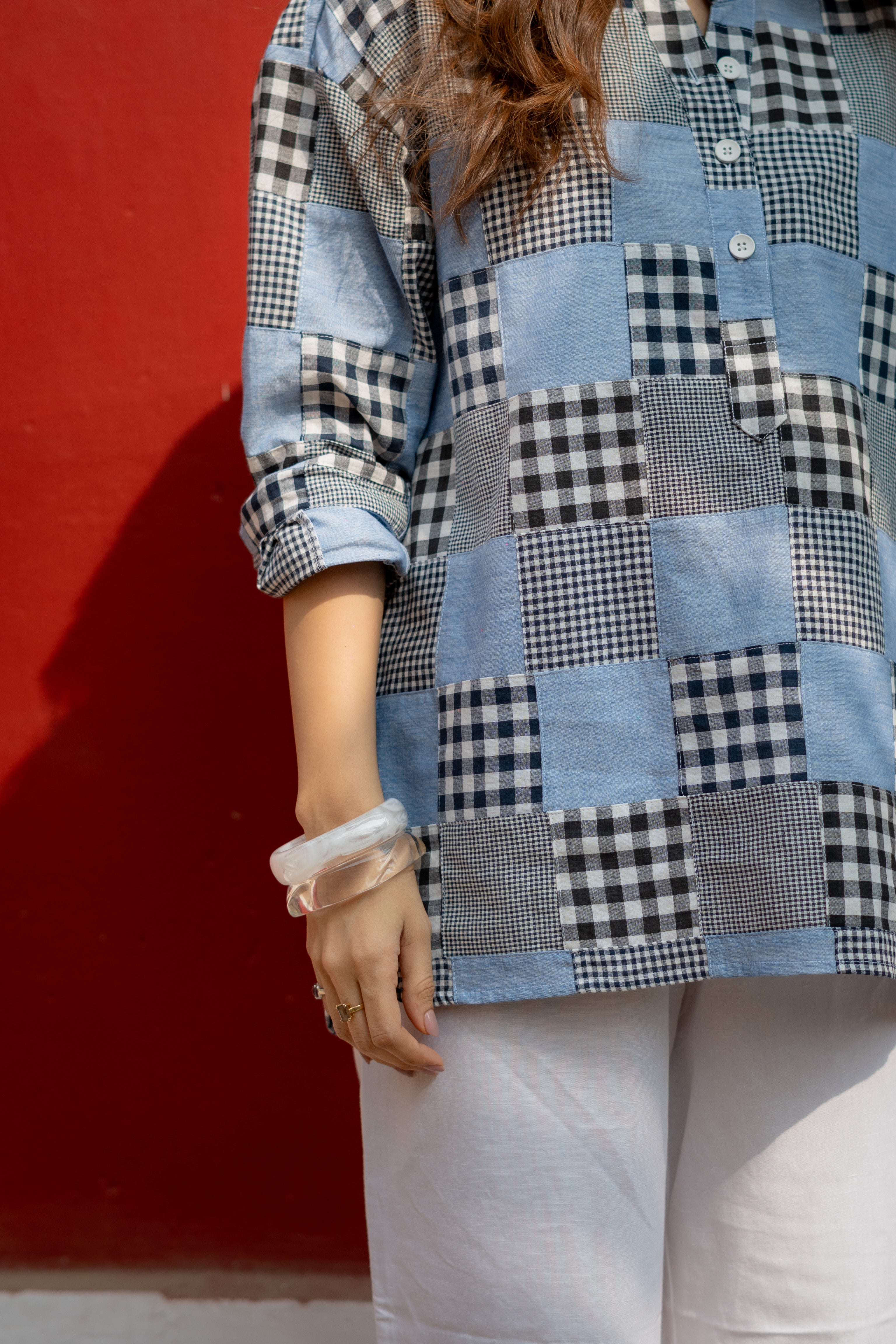 Denim Madras Checks Patchwork Unisex Cotton Short Kurta