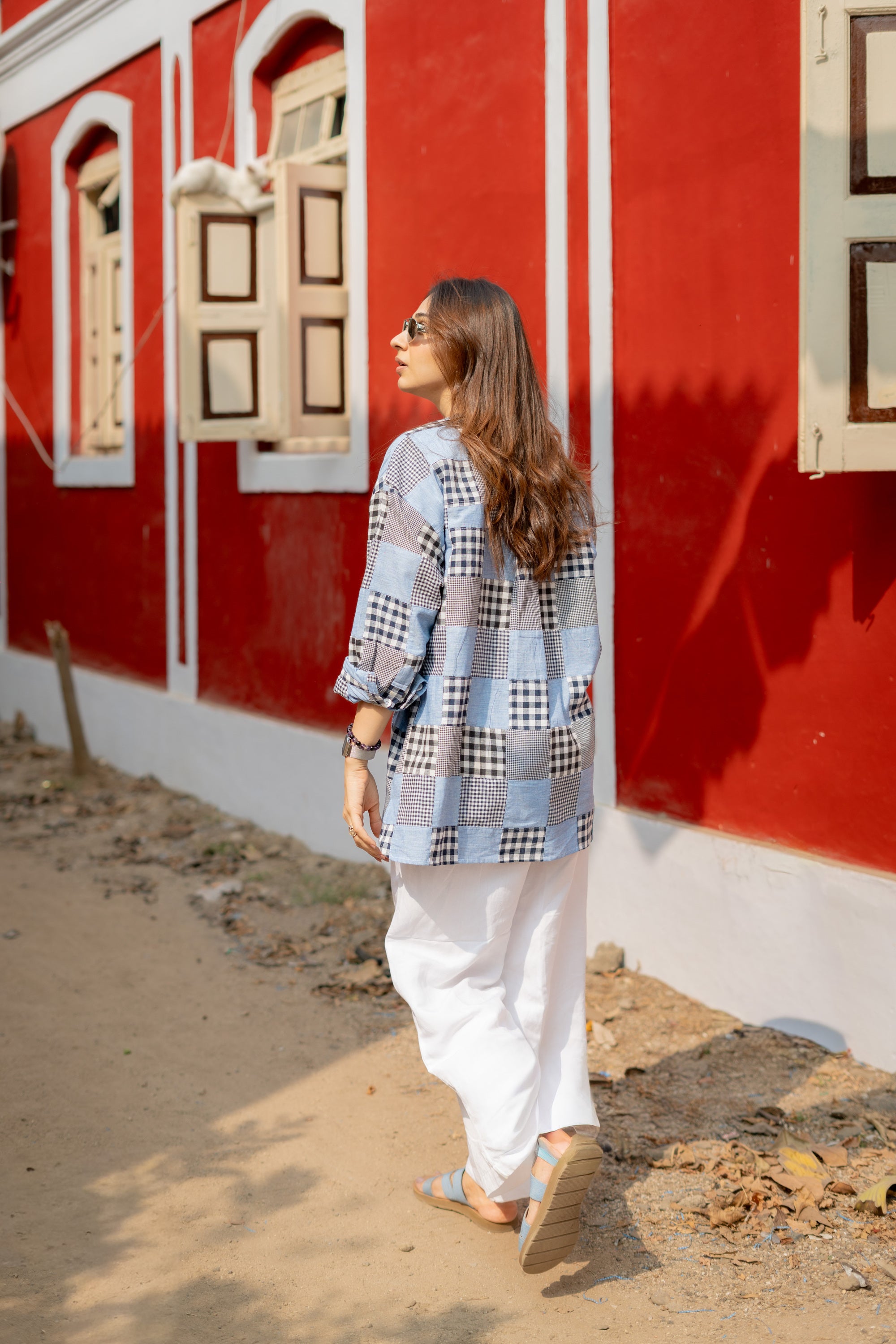 Denim Madras Checks Patchwork Unisex Cotton Short Kurta