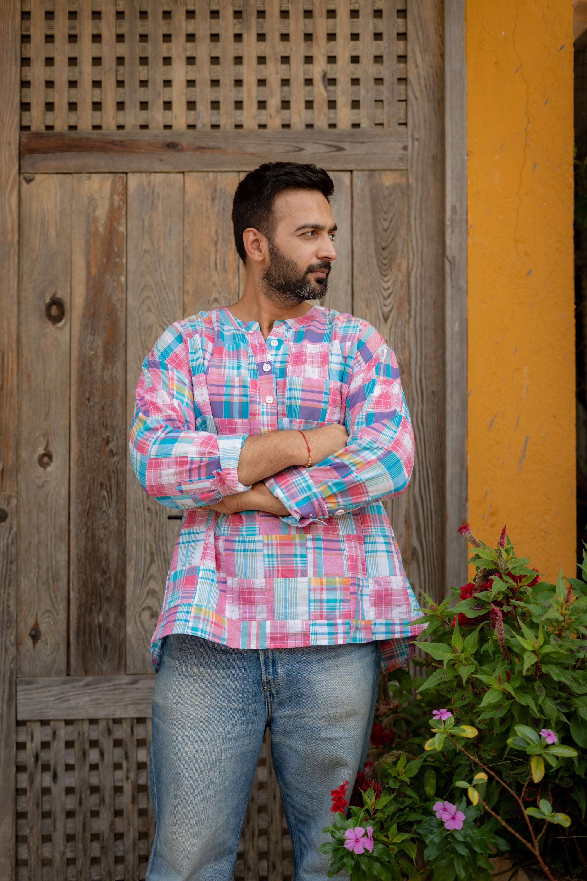 Pink Madras Checks Patchwork Unisex Cotton Short Kurta