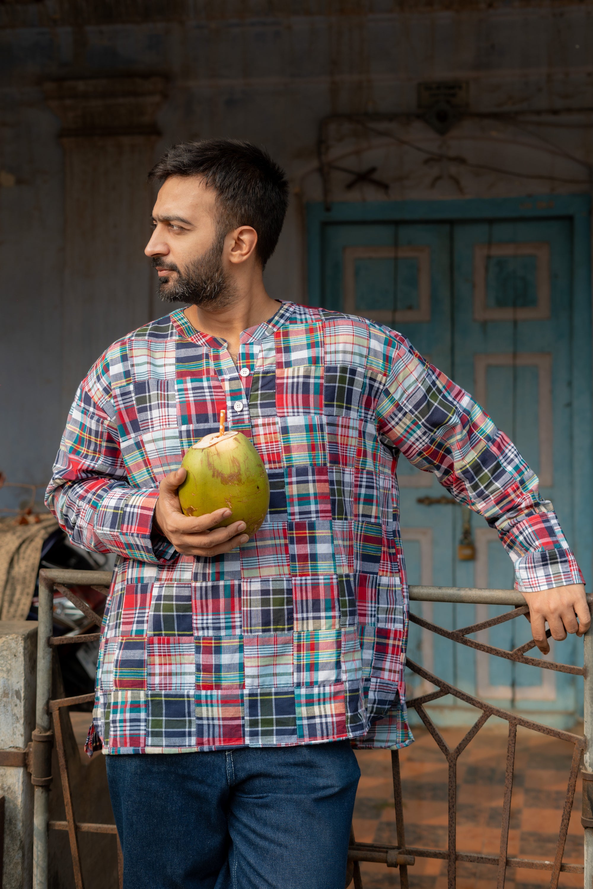 Desi Madras Checks Patchwork Unisex Cotton Short Kurta