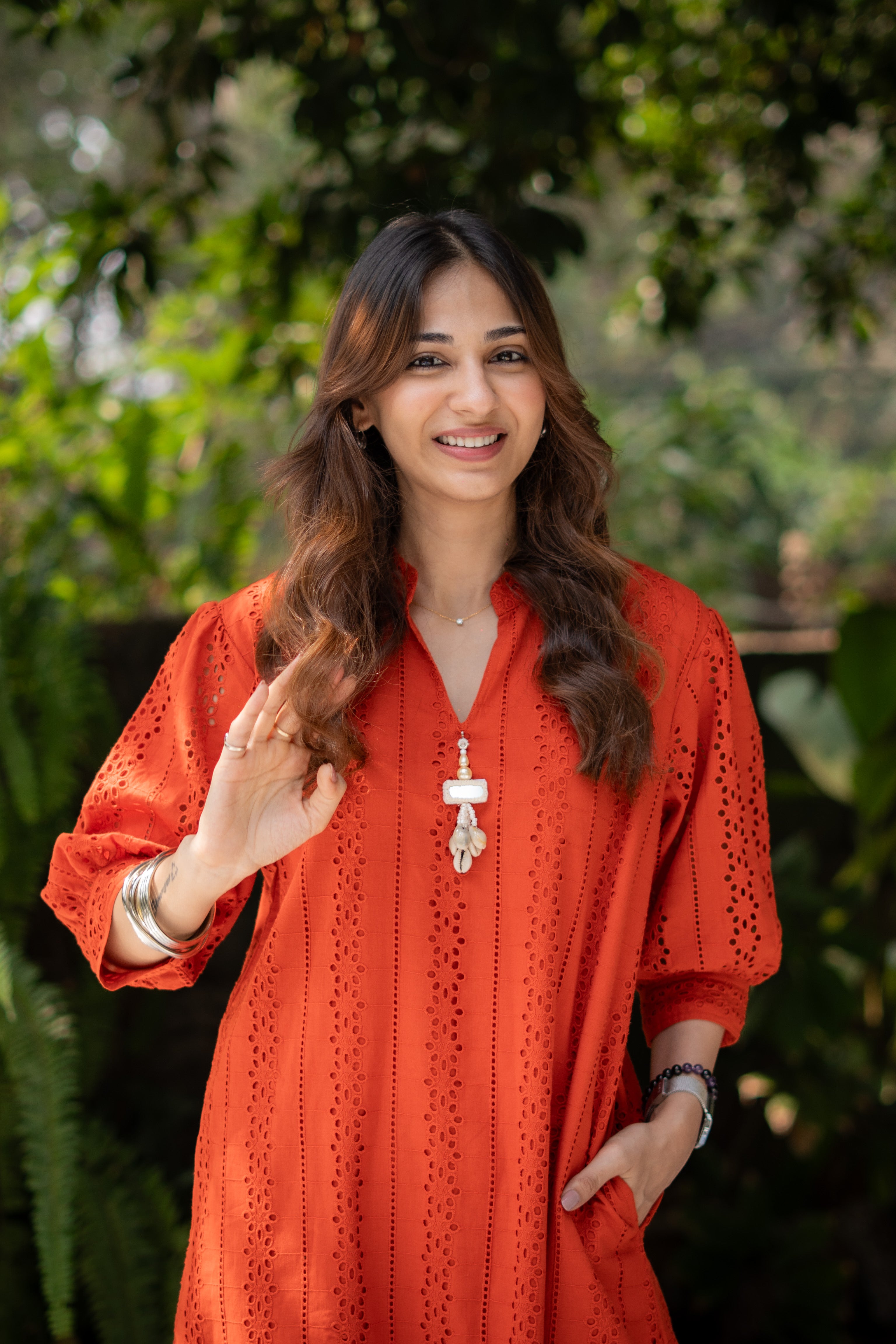 Orange Hakoba Cotton Dress Paired with Latkan