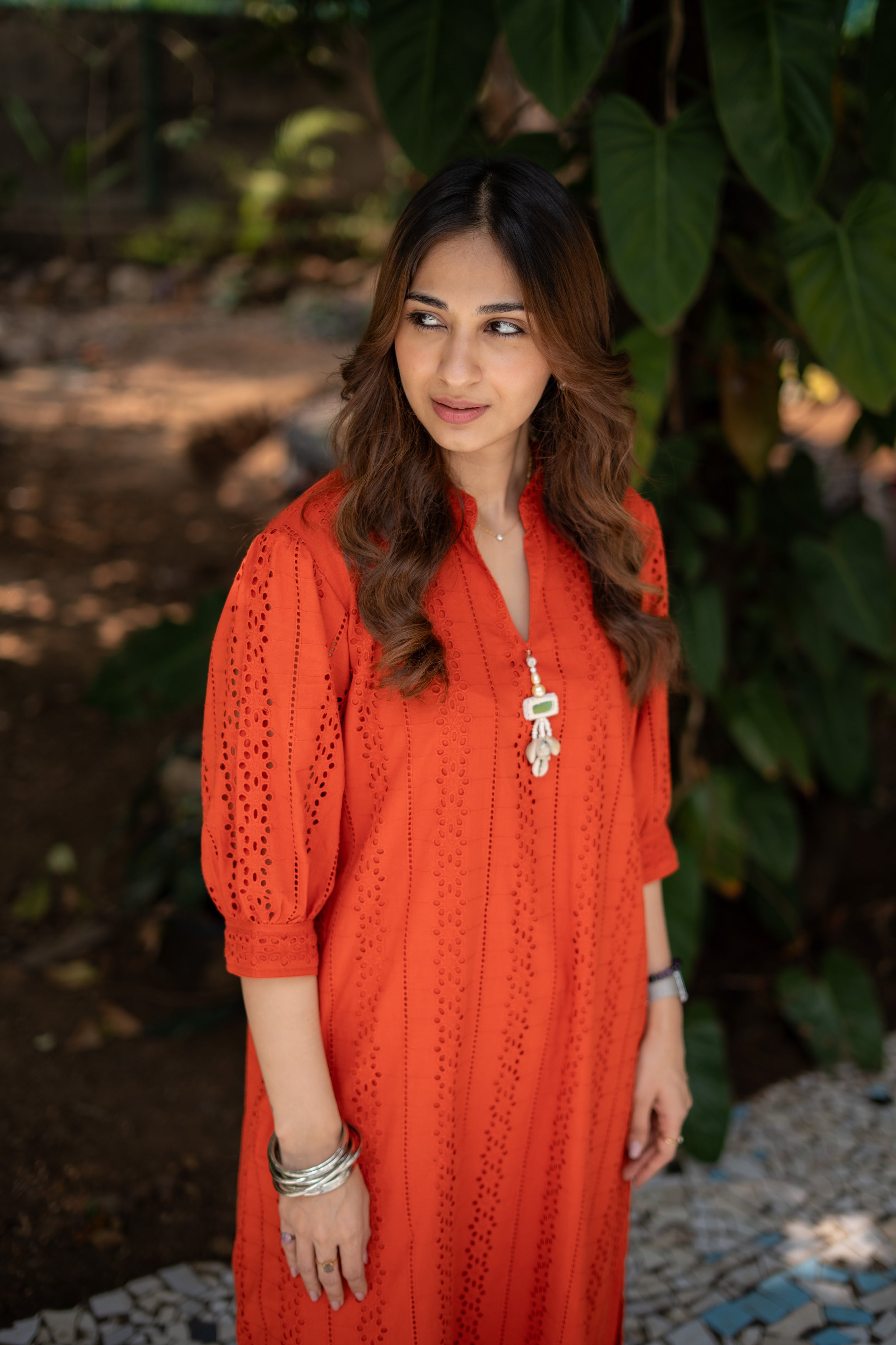 Orange Hakoba Cotton Dress Paired with Latkan