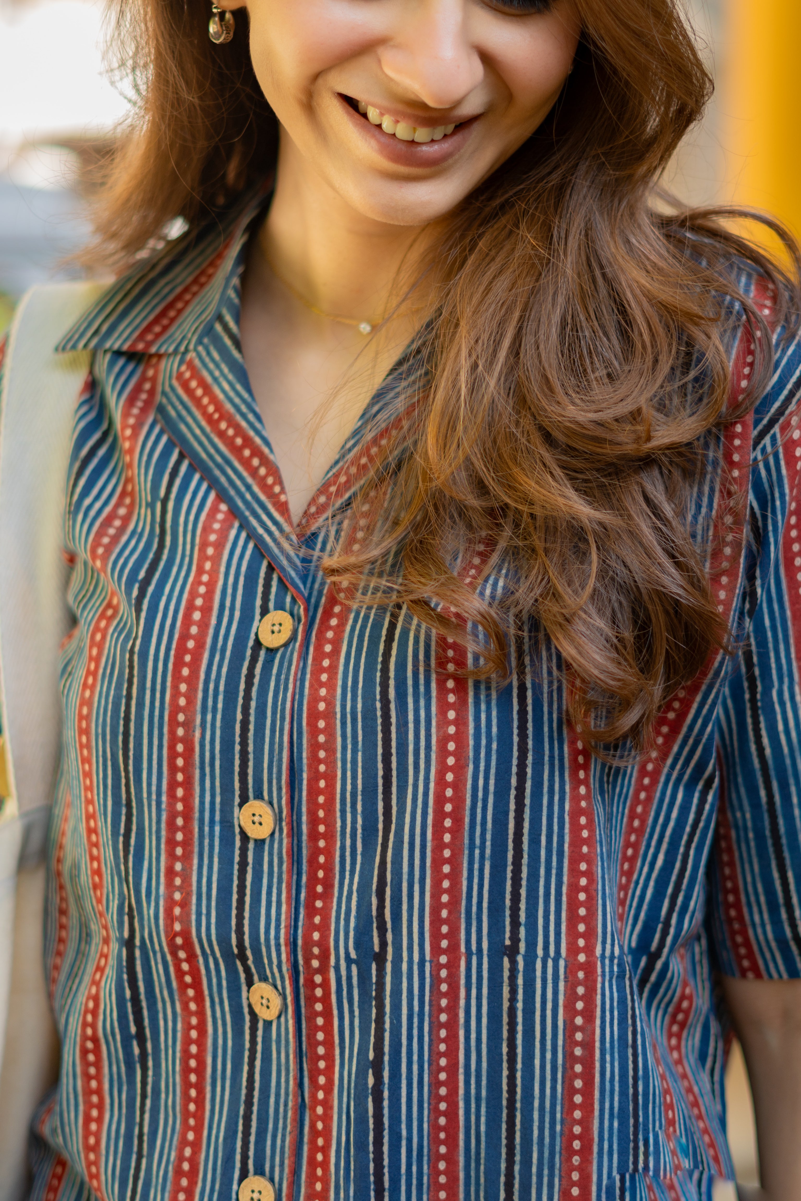 Ajrakh Indigo Red Stripe Handblock Cotton Shirt Kurti