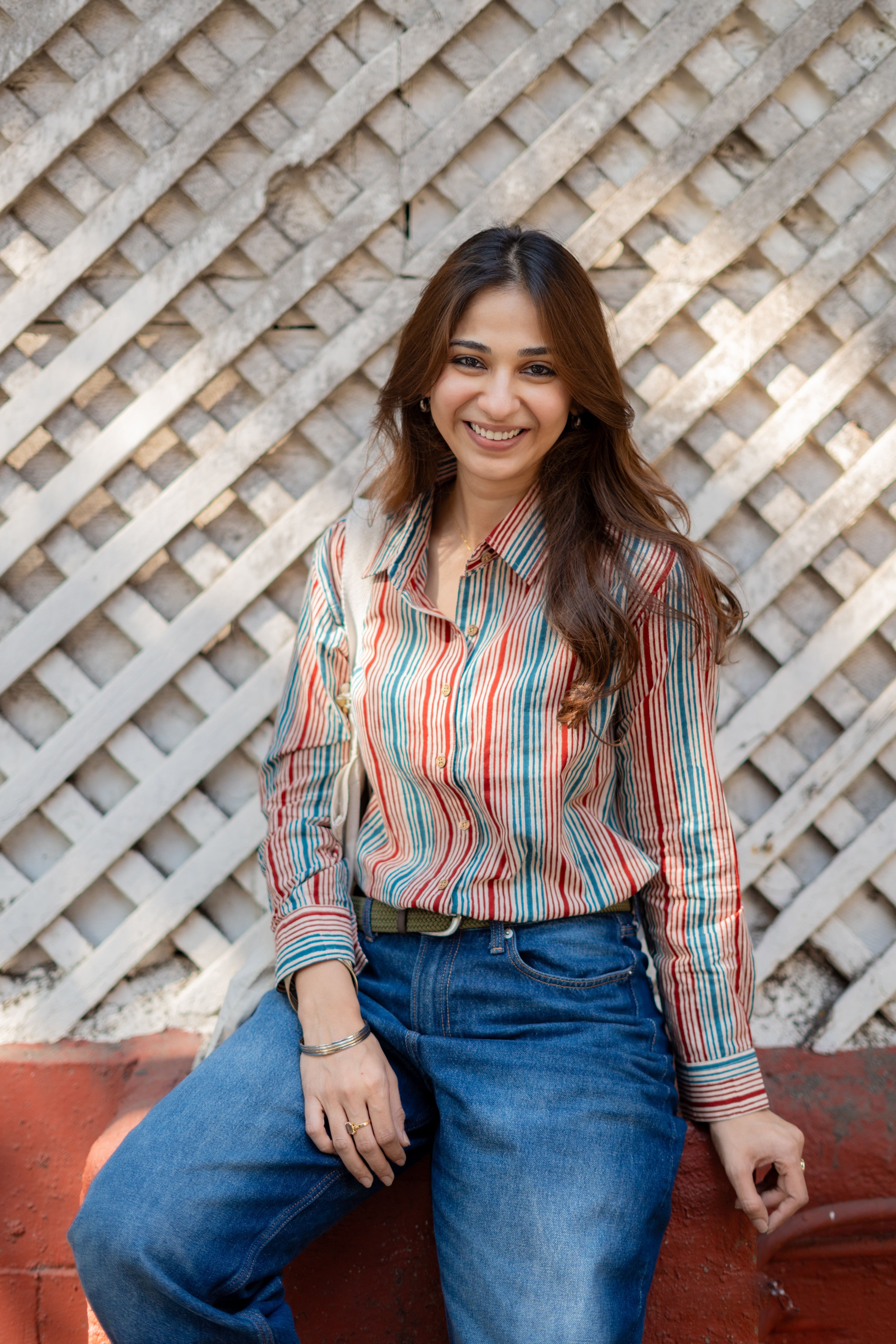 Indigo Red Stripe Handblock Cotton Shirt