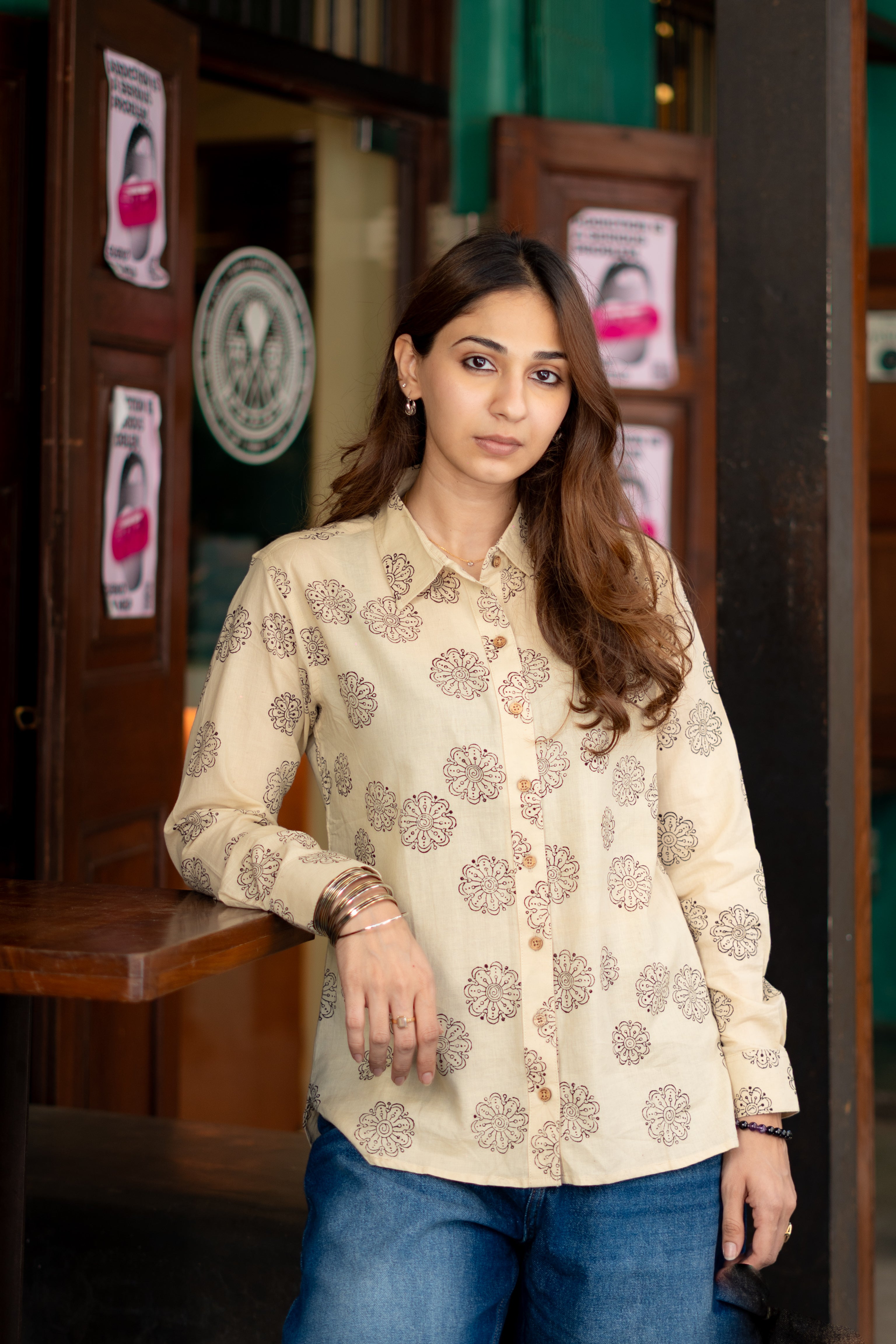 Beige Floral Handblock Cotton Shirt