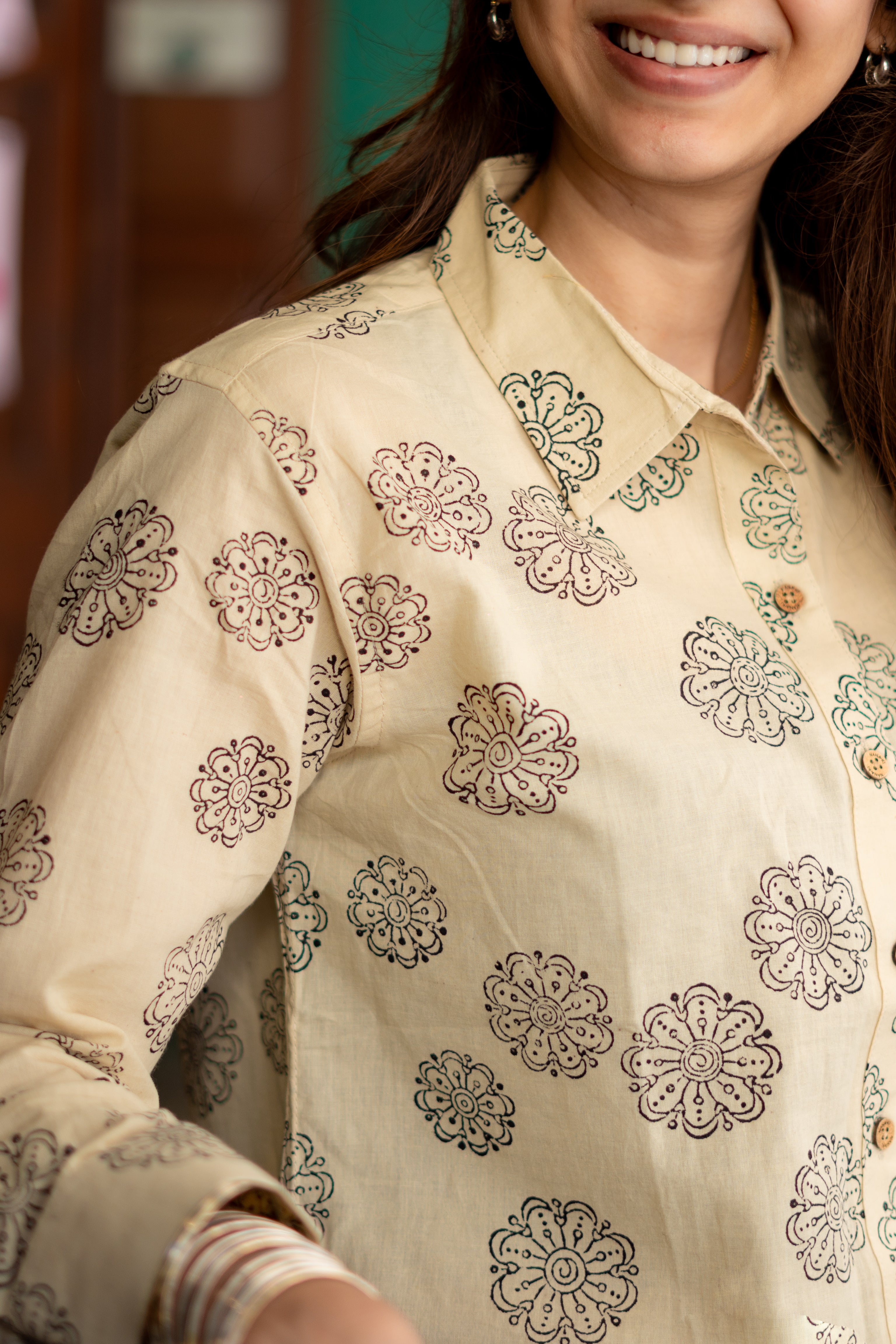 Beige Floral Handblock Cotton Shirt