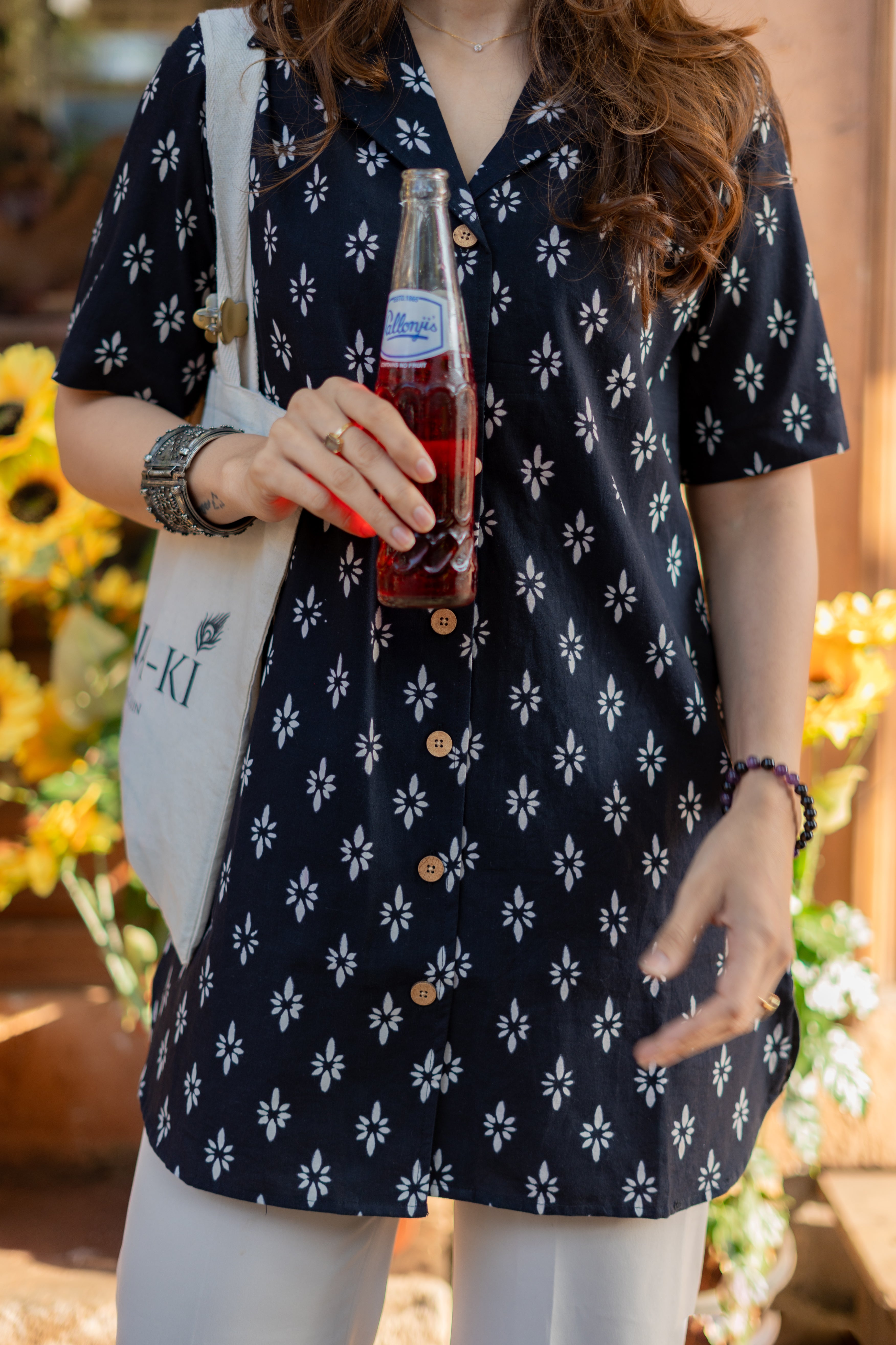 Black Jaipuri Floral Handblock Cotton Shirt Kurti