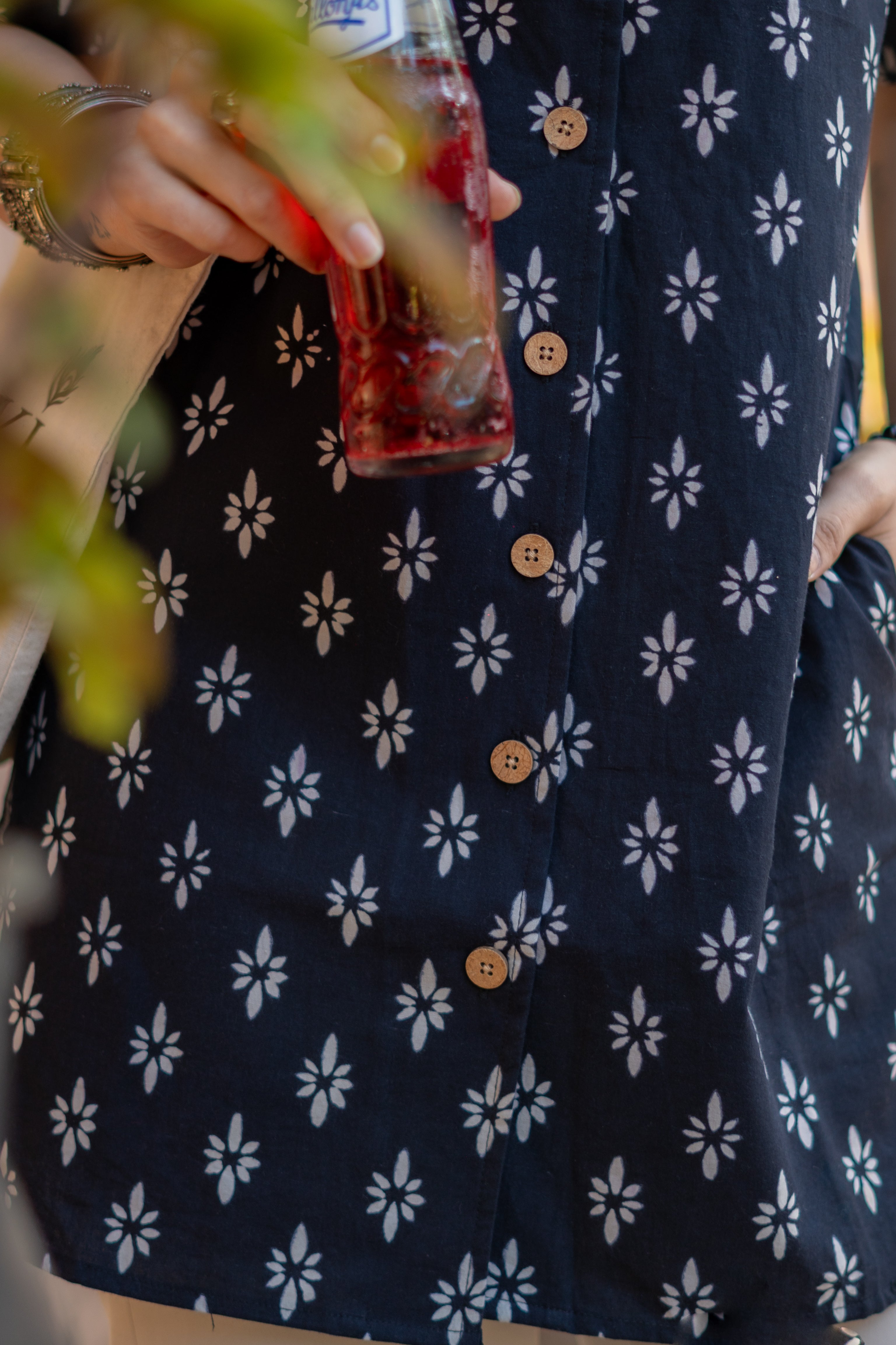 Black Jaipuri Floral Handblock Cotton Shirt Kurti