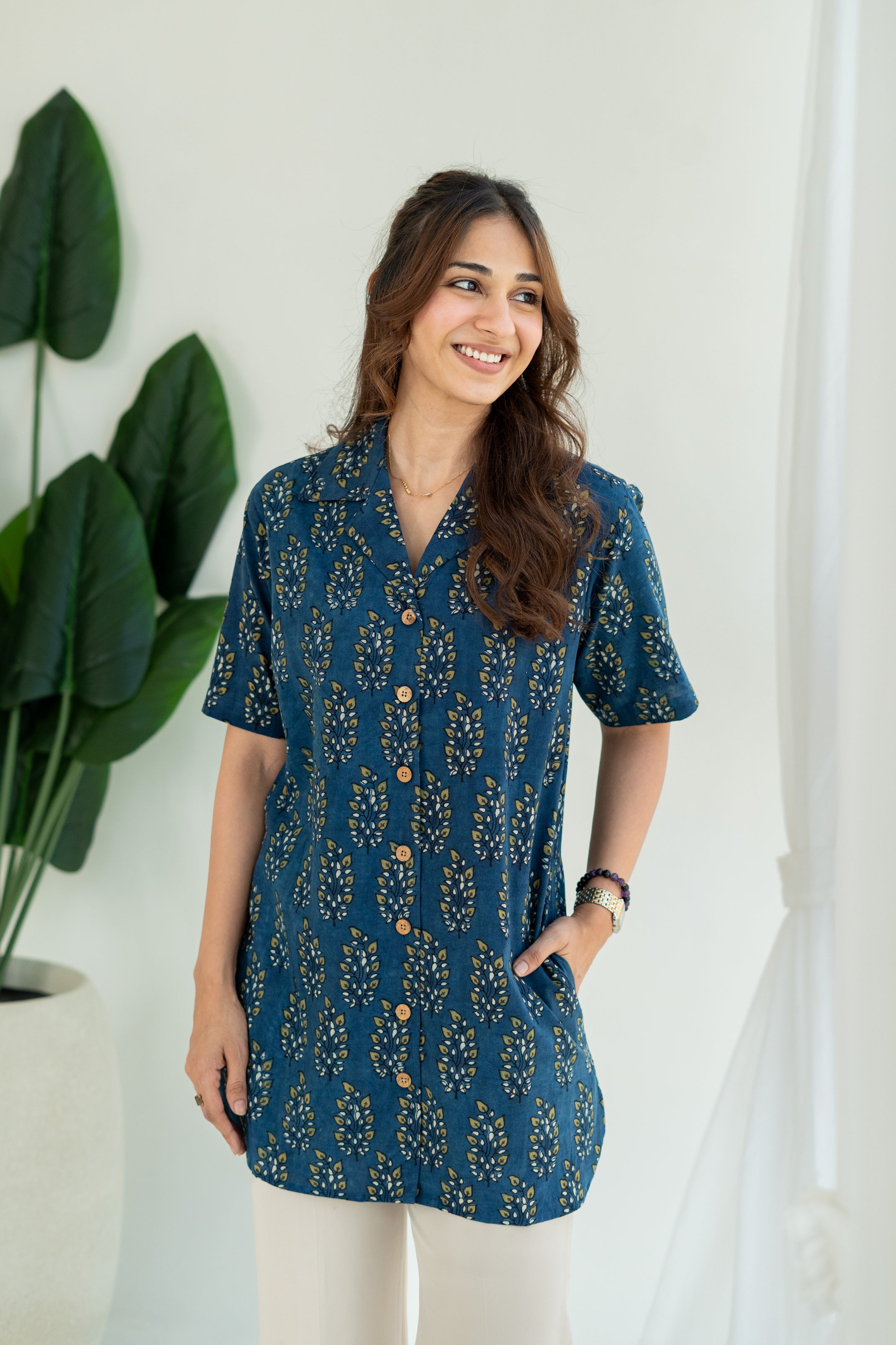 Indigo Ajrakh Woodland Handblock Cotton Shirt Kurti
