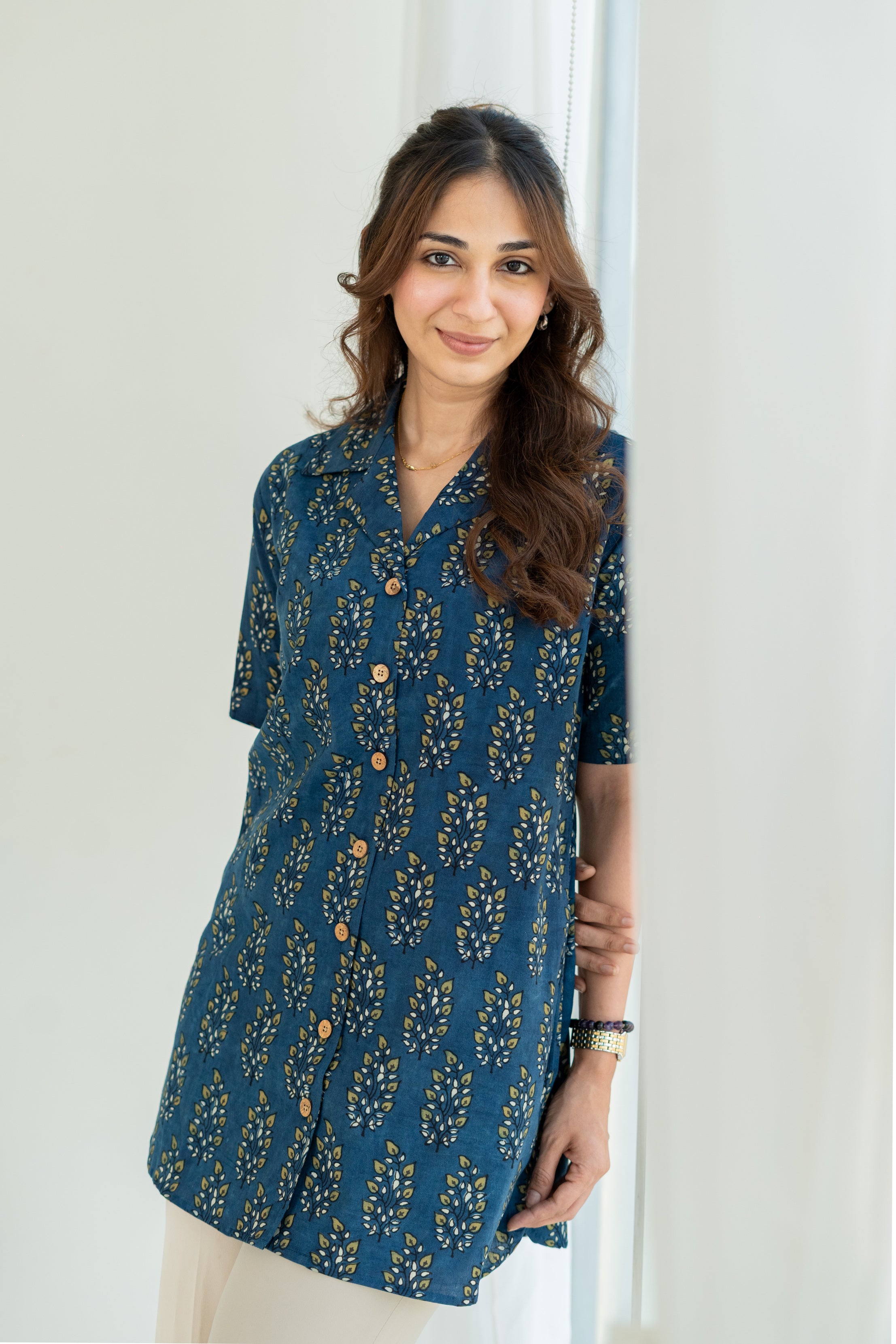 Indigo Ajrakh Woodland Handblock Cotton Shirt Kurti