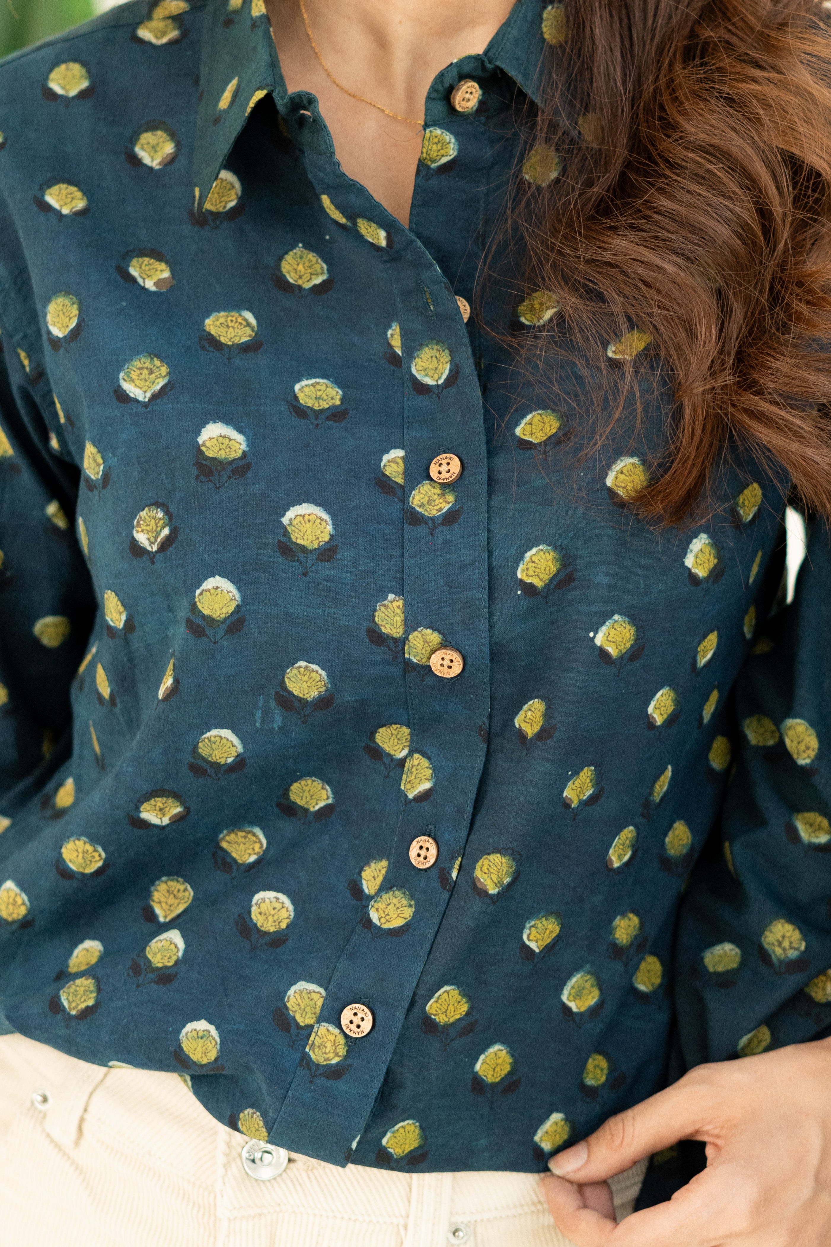 Bottle Green Floral Handblock Cotton Shirt