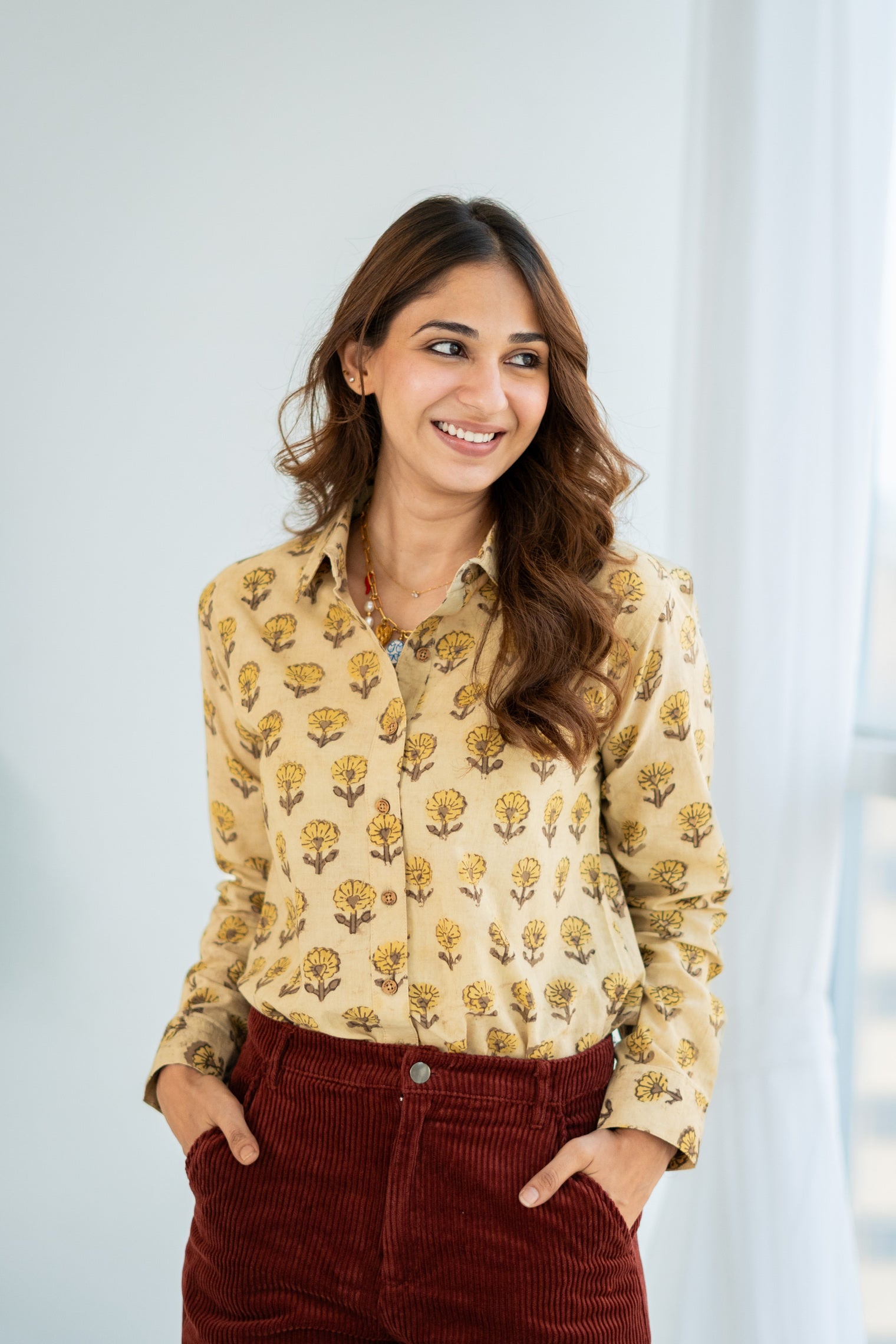 Mustard Phool Buti Block Print Cotton Shirt