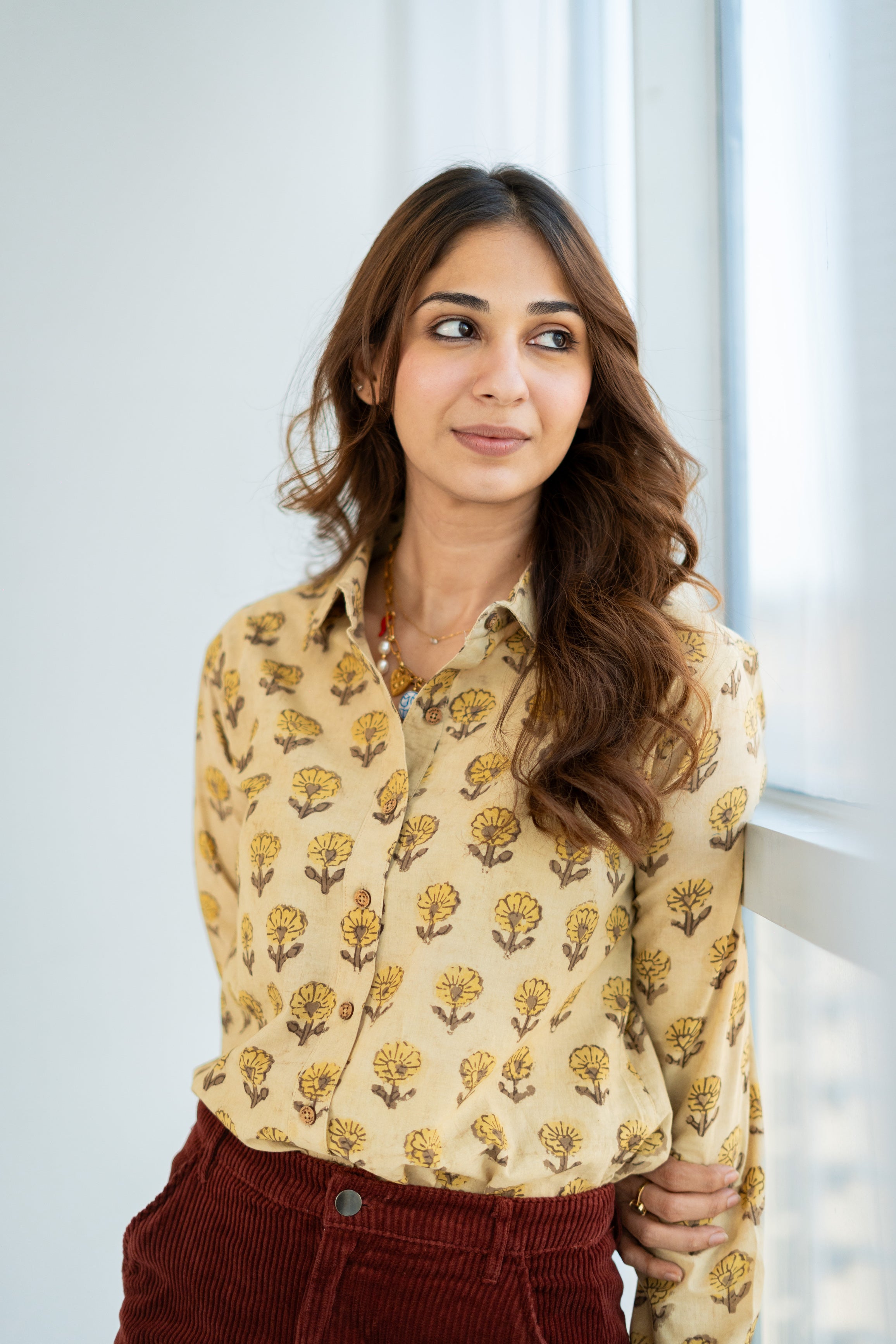 Mustard Phool Buti Block Print Cotton Shirt