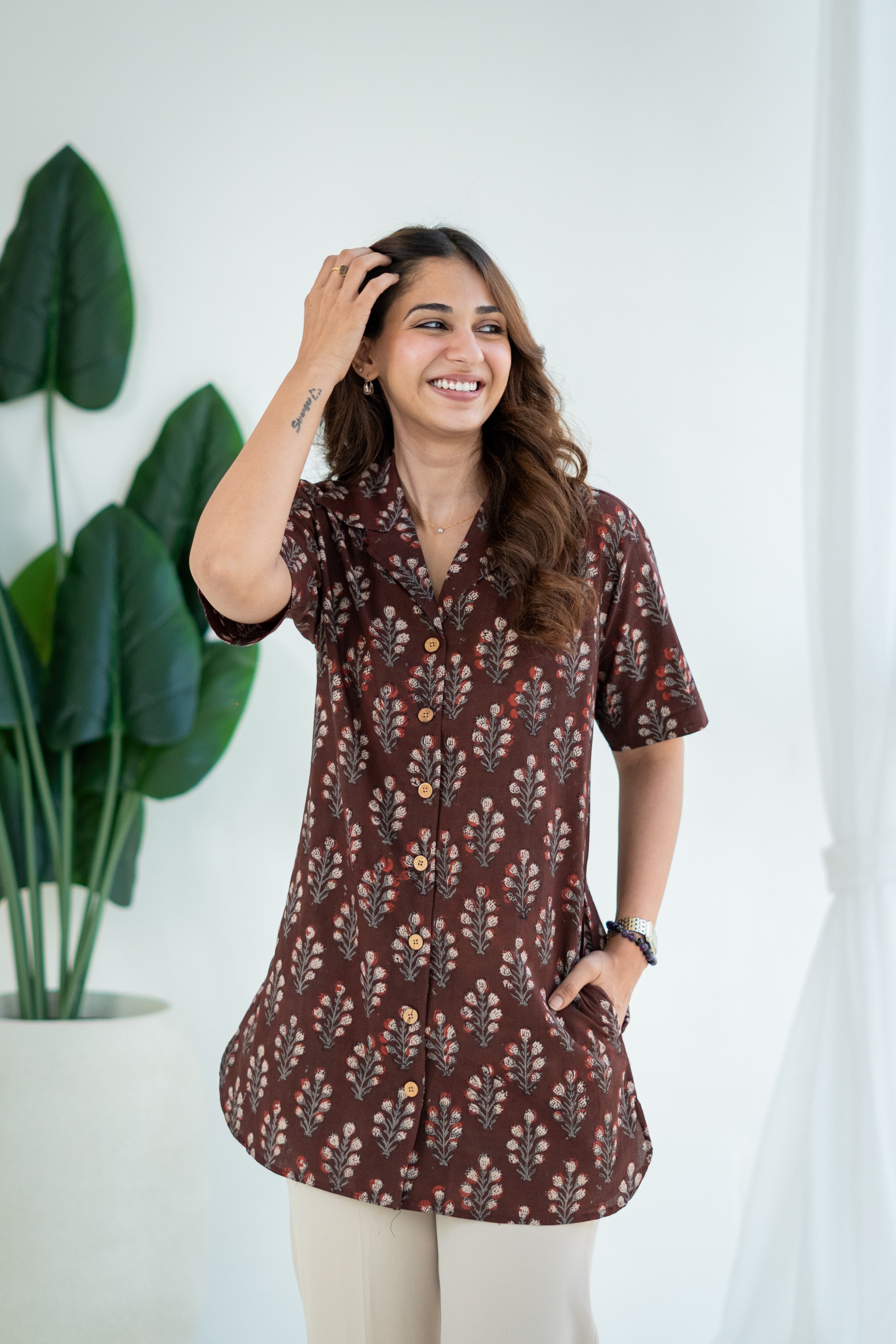 Raatrang Maroon Handblock Cotton Shirt Kurti