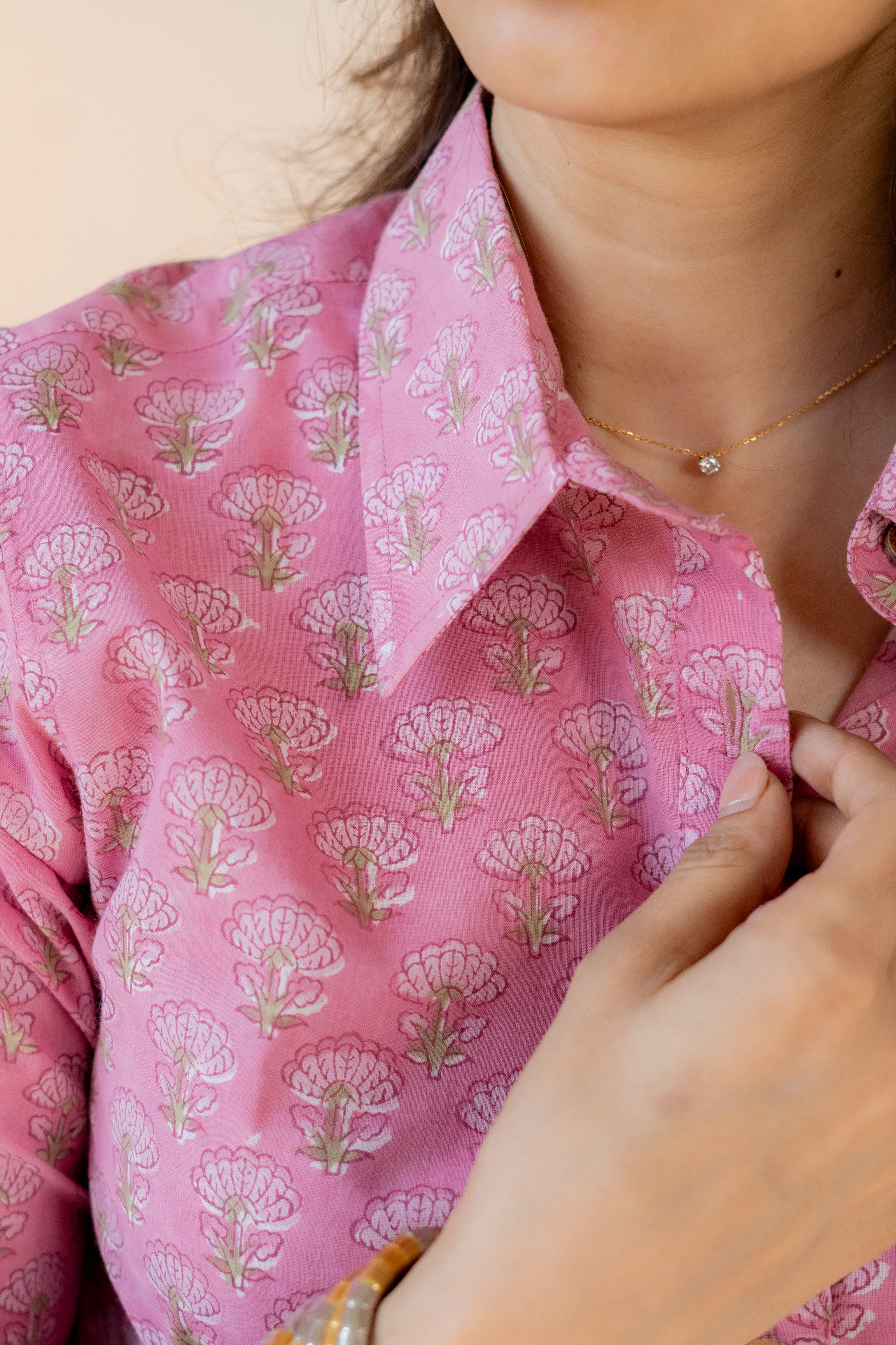 Pink Blossom Block Print Cotton Shirt
