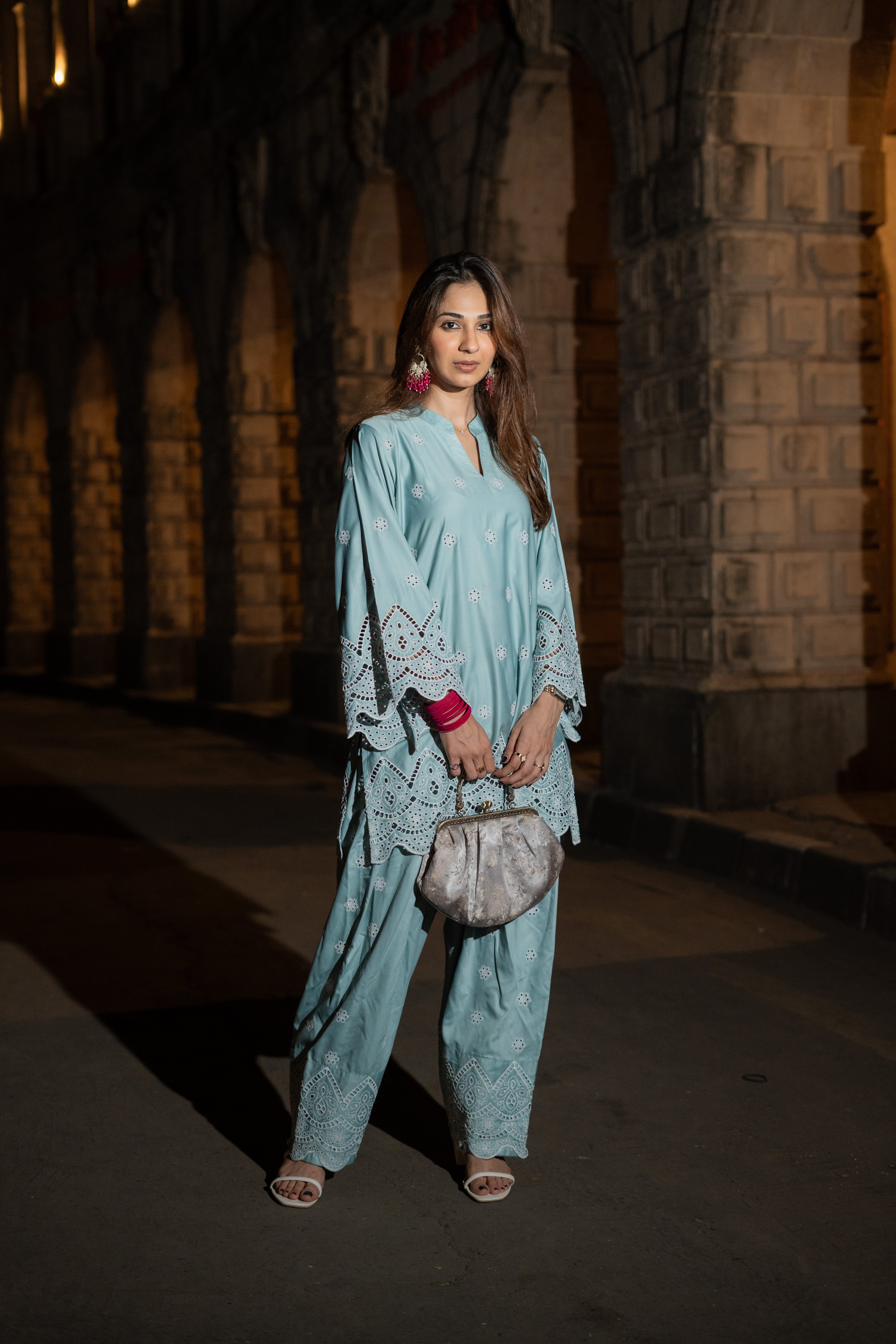 Mint Blue Embroidered Farshi Salwar Set