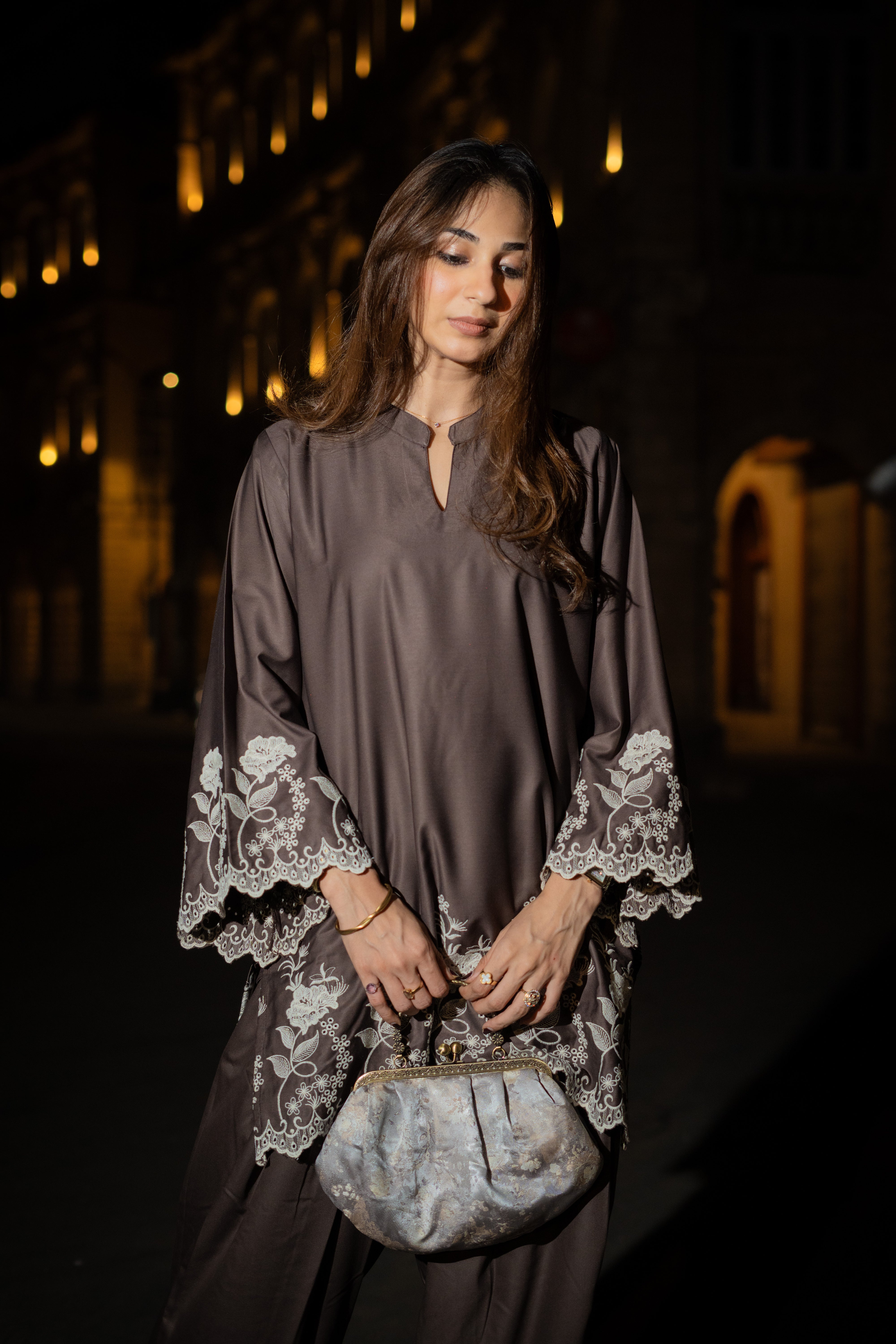 Brown Embroidered Farshi Salwar Set
