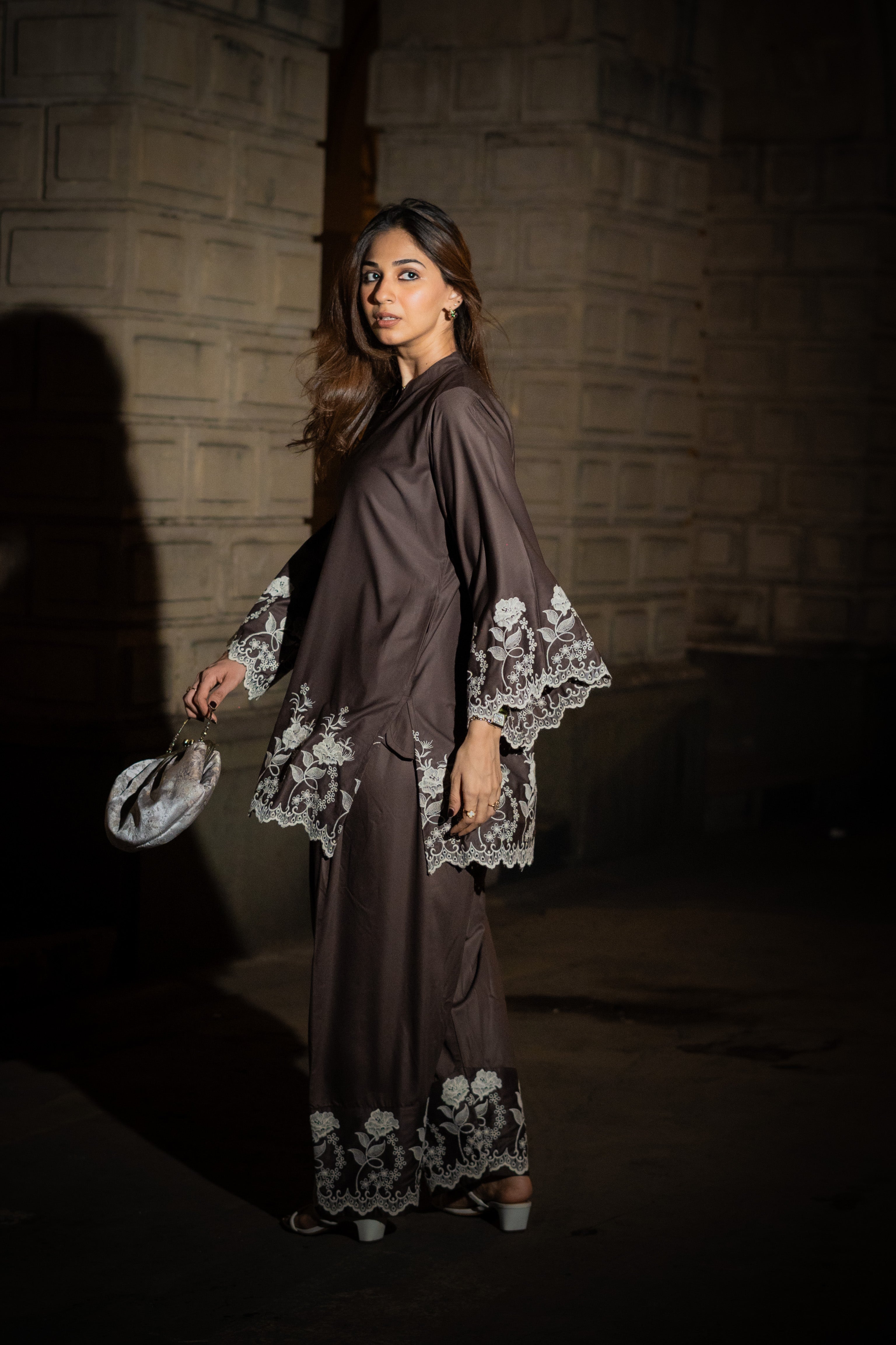 Brown Embroidered Farshi Salwar Set