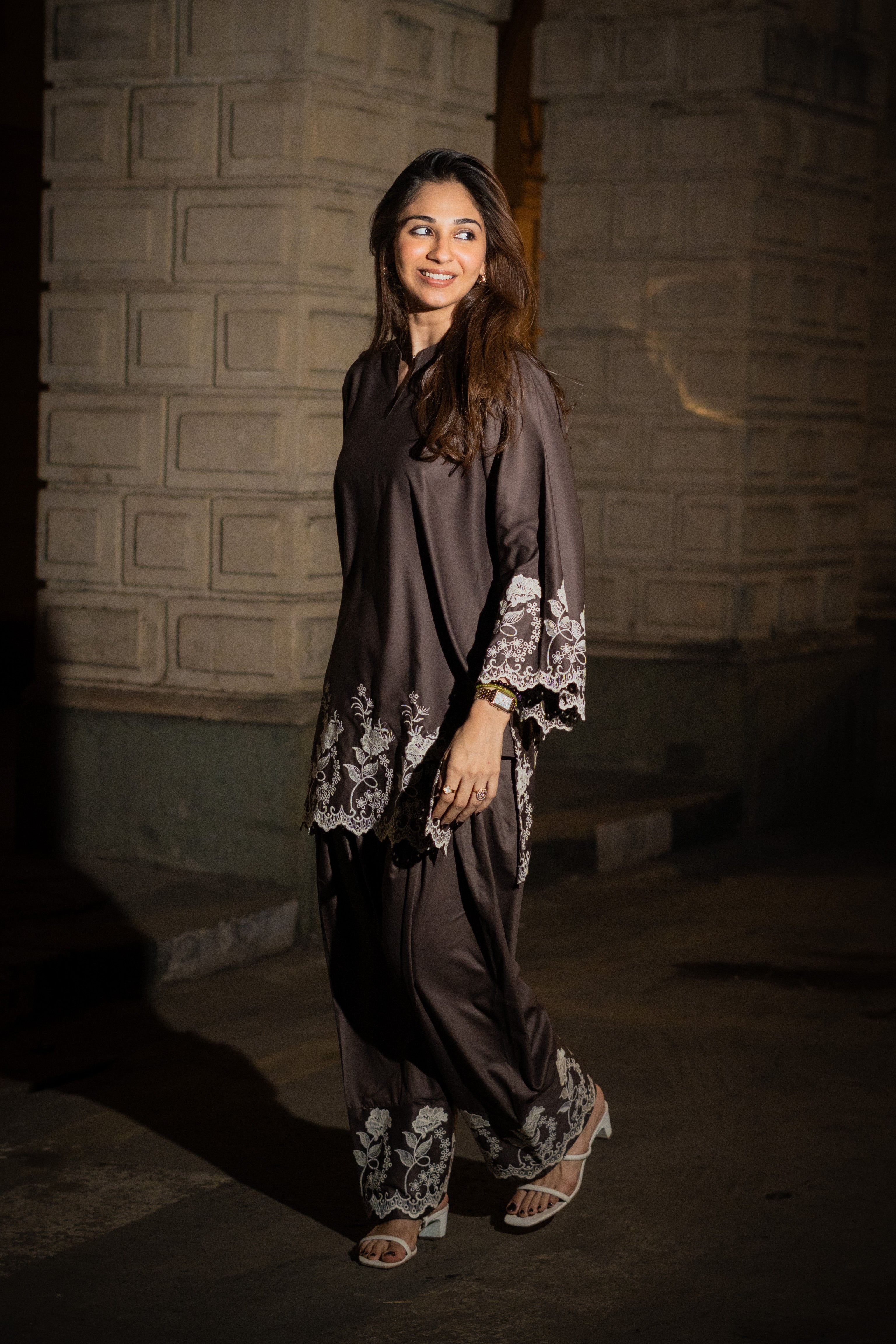 Brown Embroidered Farshi Salwar Set