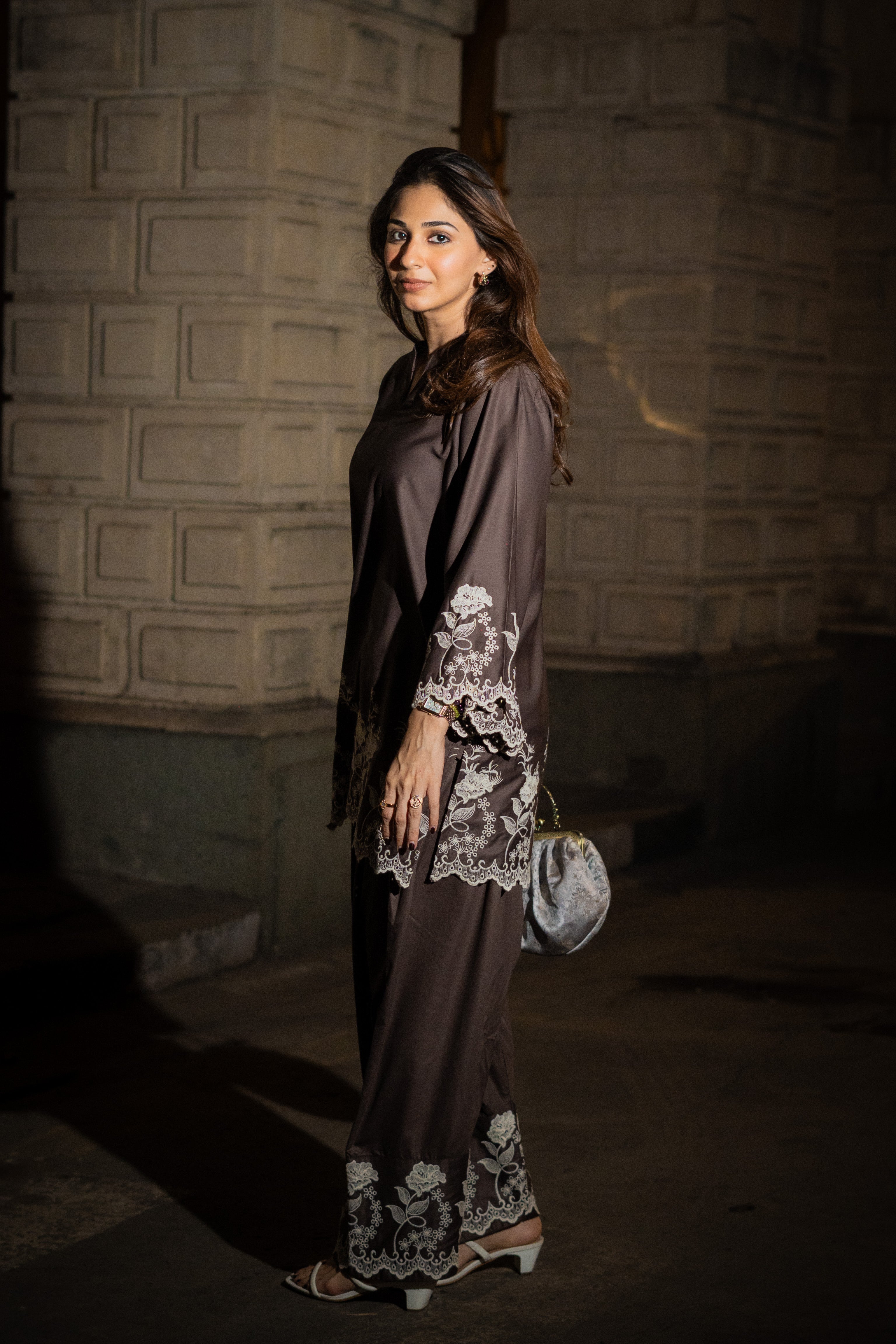 Brown Embroidered Farshi Salwar Set