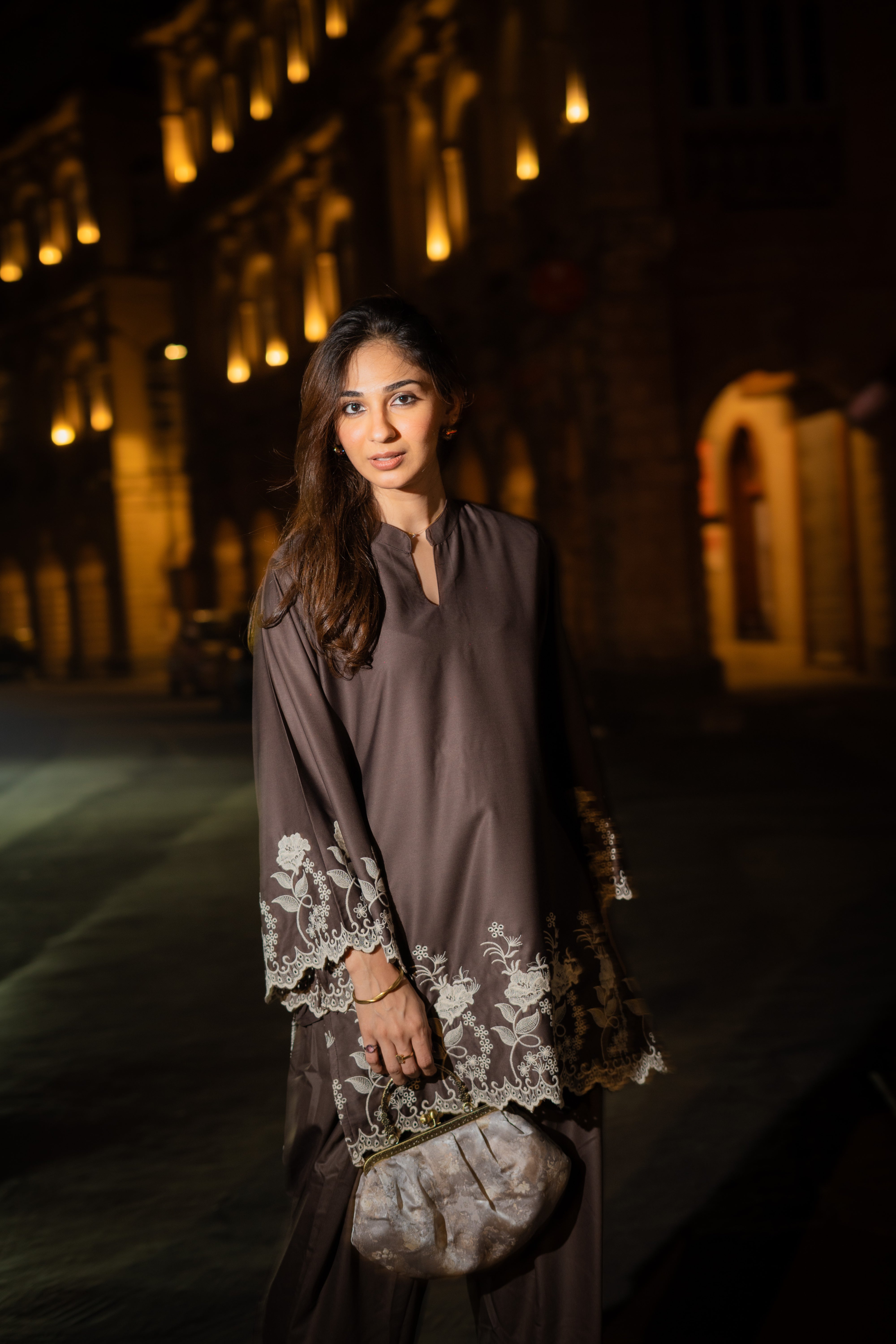 Brown Embroidered Farshi Salwar Set