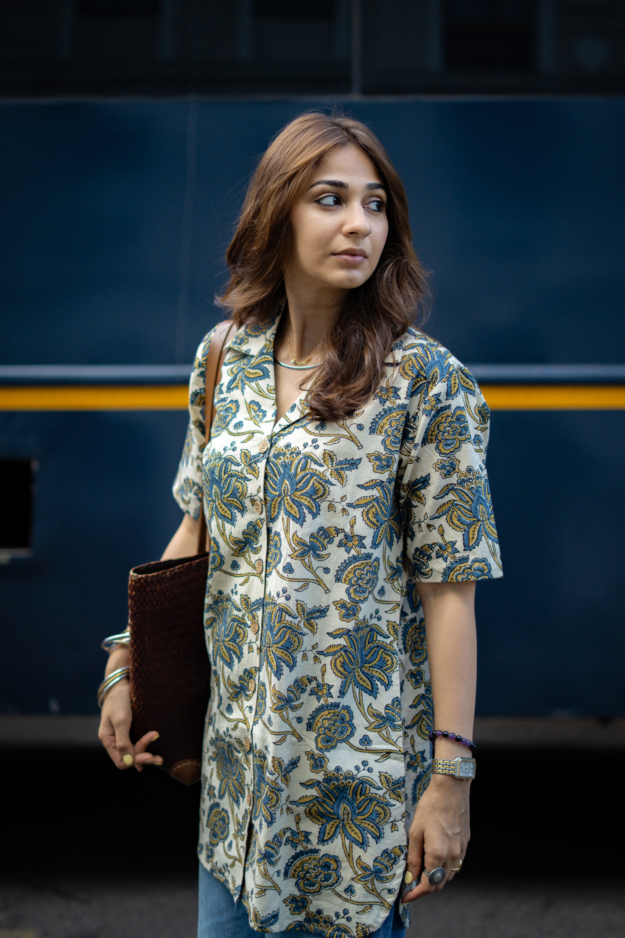 Ajrakh Beige Floral Handblock Cotton Shirt Kurti