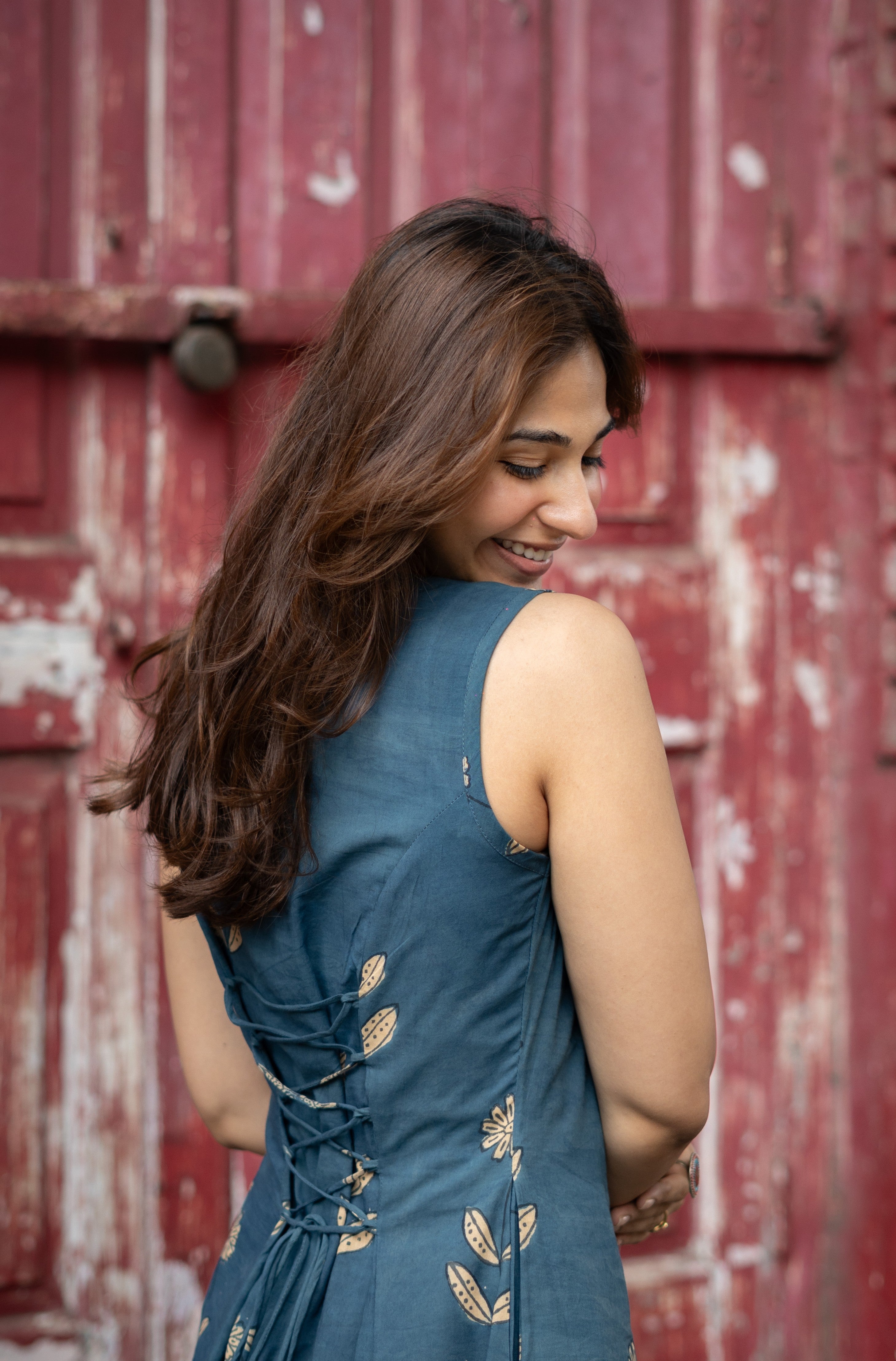 Blue Floral Handblock Cotton Corset Dress