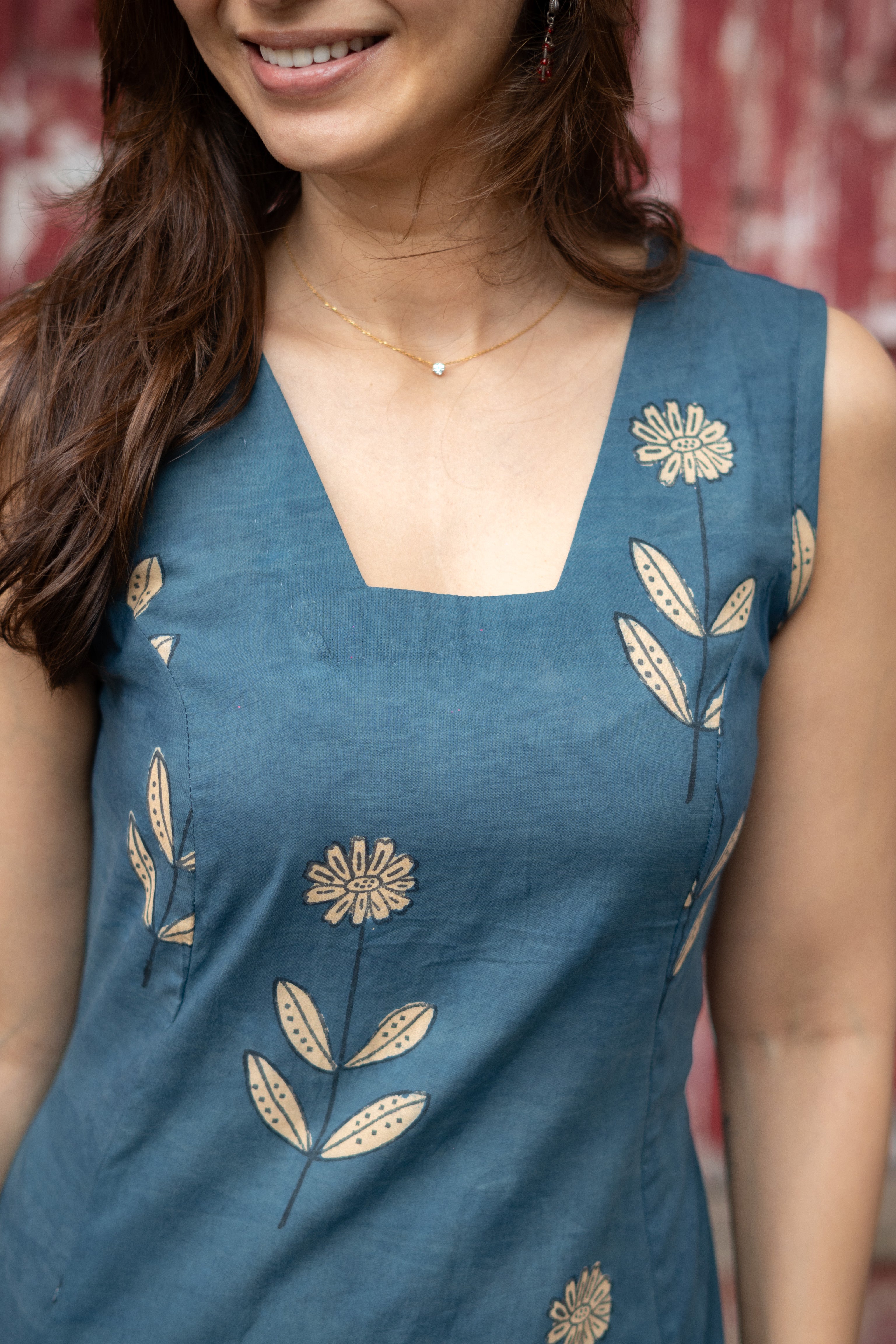 Blue Floral Handblock Cotton Corset Dress