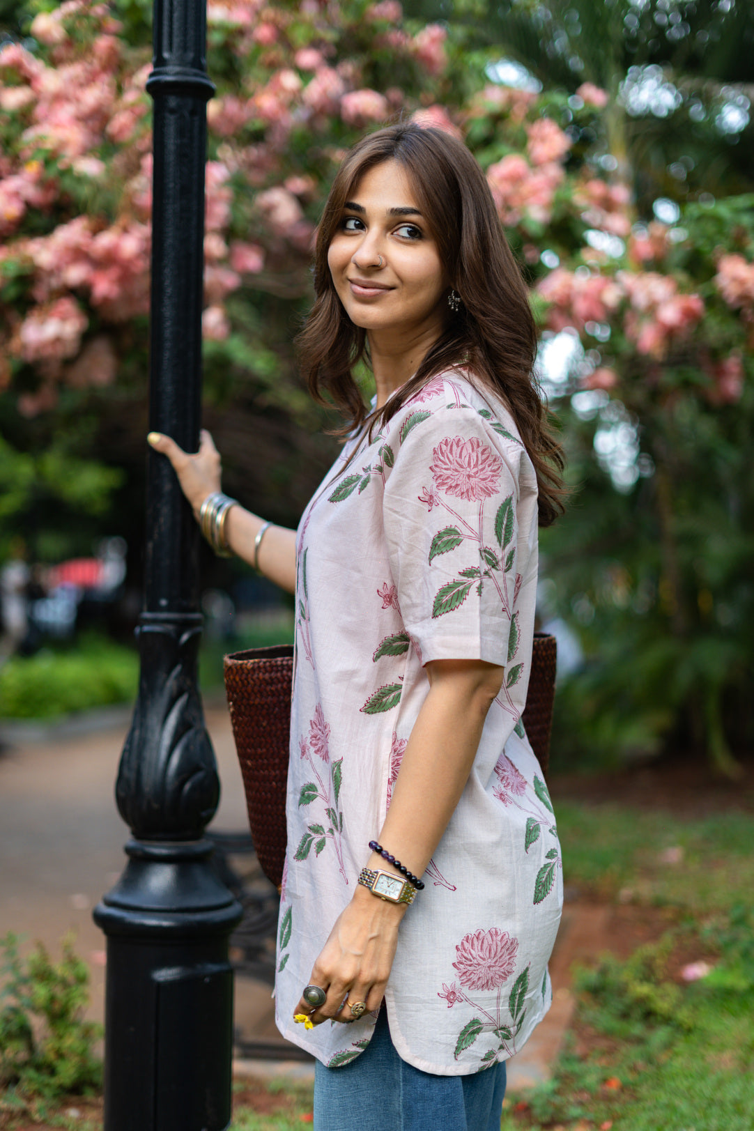 Pink Blossom Handblock Cotton Shirt Kurti