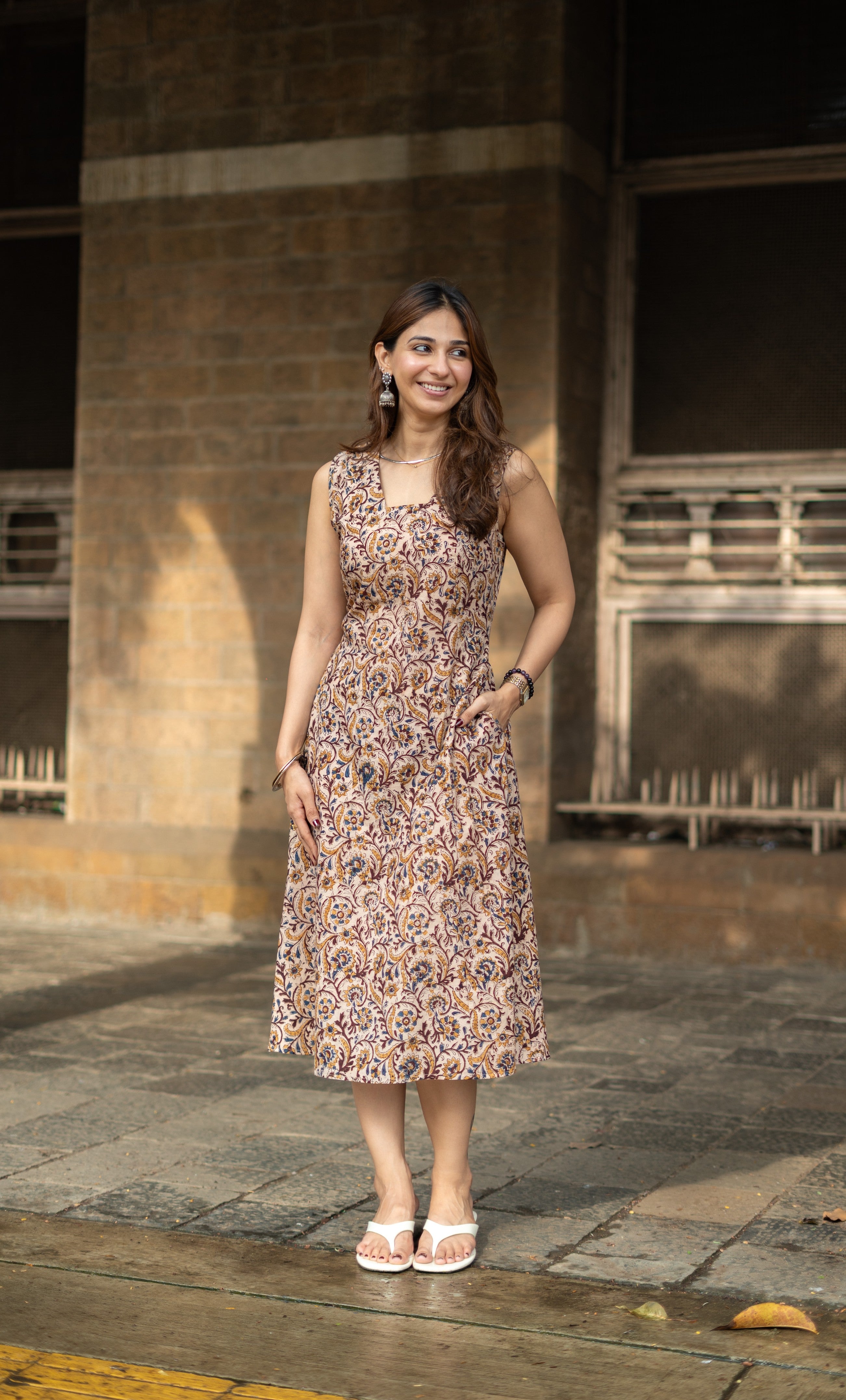 Beige Kalamkari Handblock Cotton Corset Dress