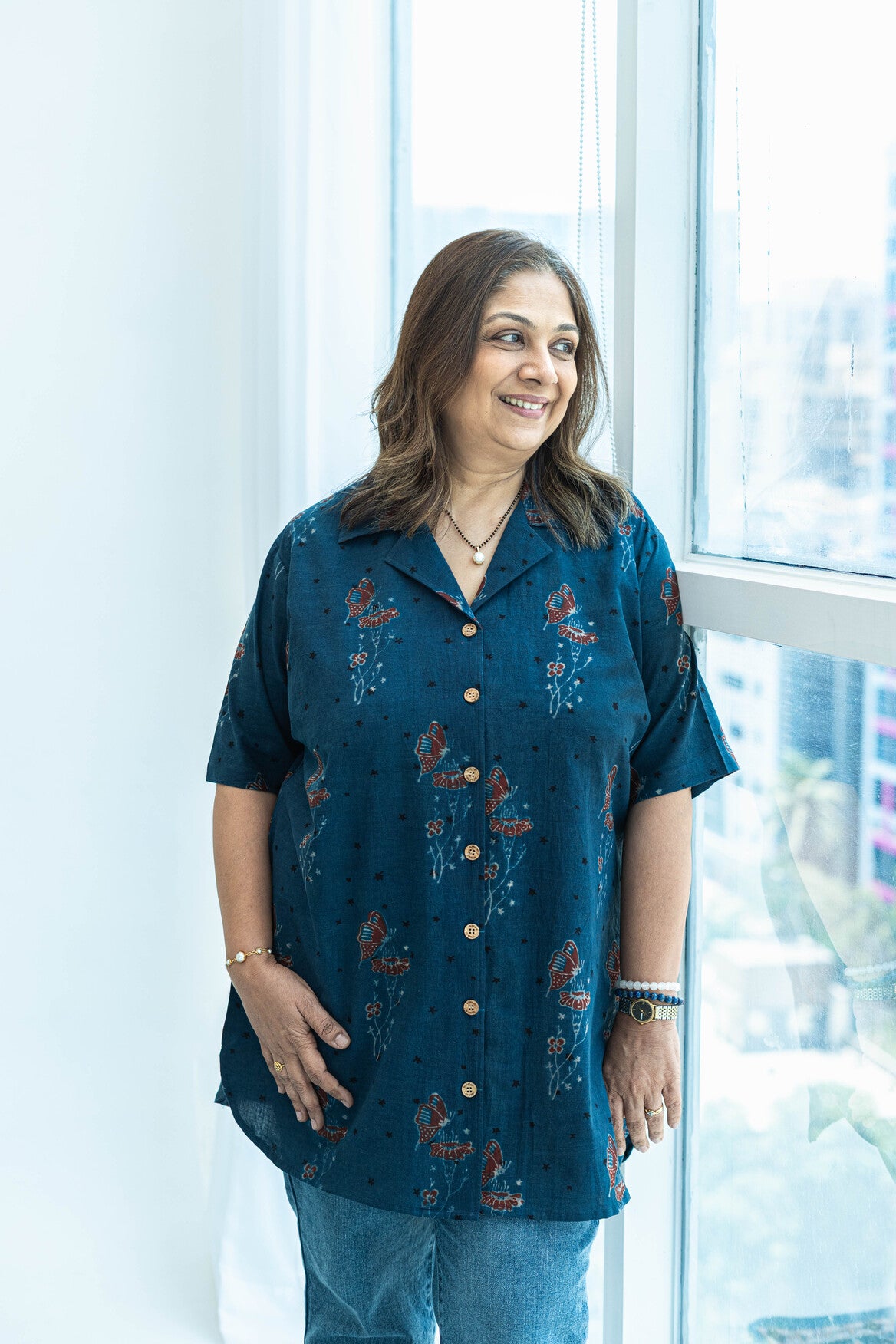 Ajrakh Indigo Butterfly Handblock Cotton Shirt Kurti