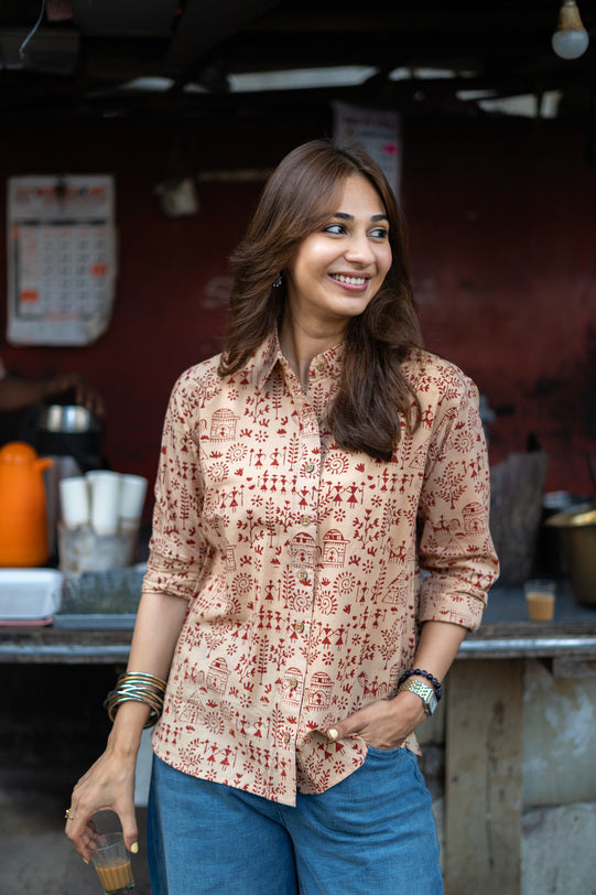 Beige Red Warli Art Handblock Cotton Shirt